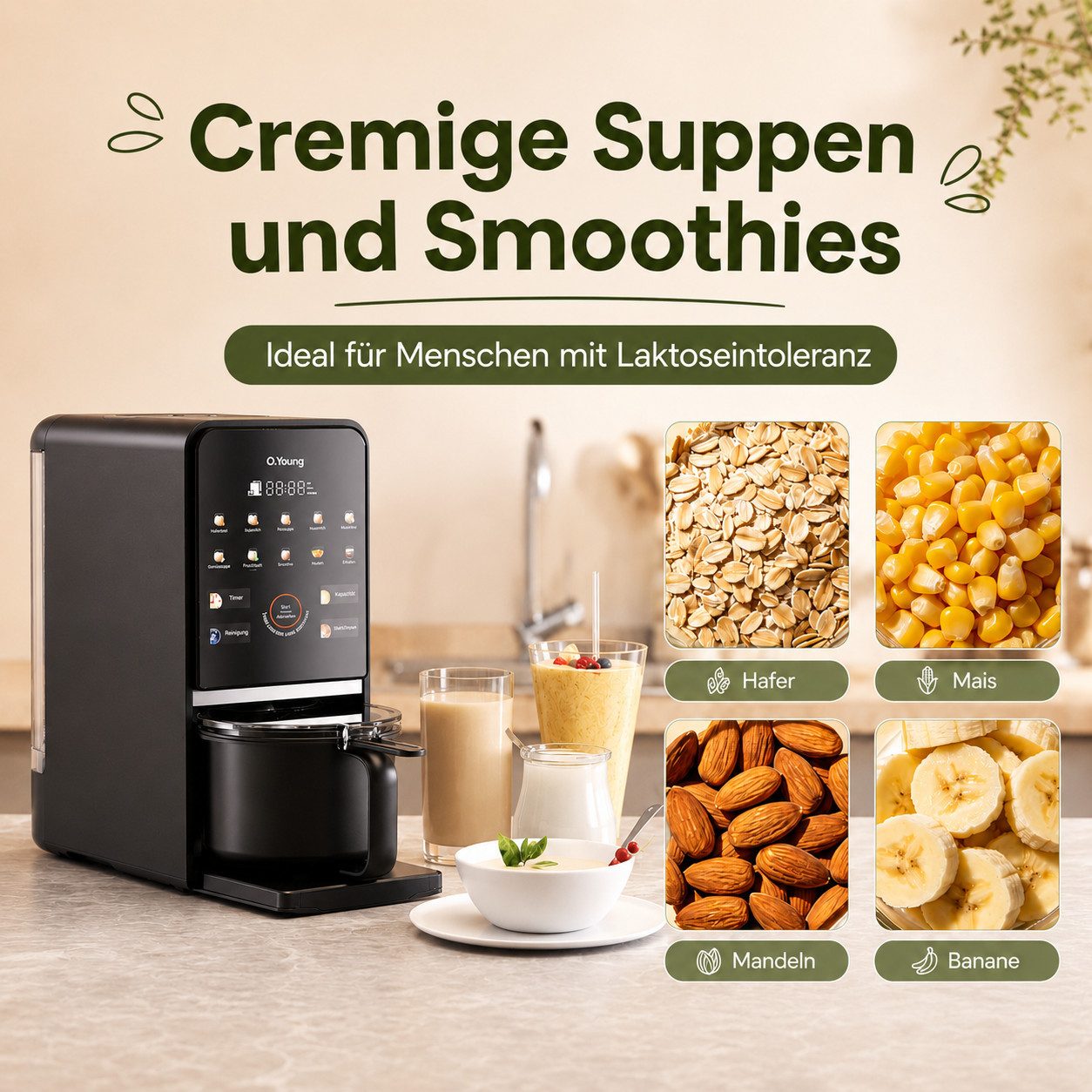 O.Young Stabmixer O.Young Pflanzenmilch-Maker Selbstreinigend Standmixer Veganmilch, 1200 W