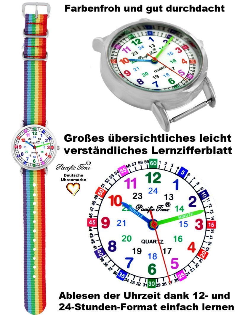 Pacific Time und Wechselarmband, Match und Versand Regenbogen - Mix Armbanduhr gelb Reflektor Kinder Design Gratis Quarzuhr Lernuhr Set