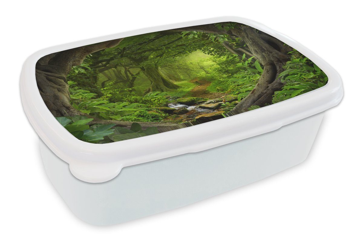 MuchoWow Lunchbox Dschungel - Grün - Natur - Tropisch - Pflanzen, Kunststoff, (2-tlg), Brotbox für Kinder und Erwachsene, Brotdose, für Jungs und Mädchen weiß