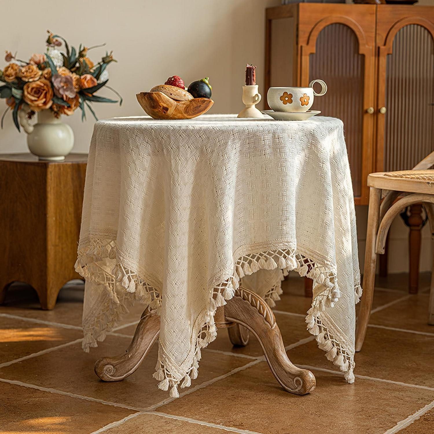 LuxusKollektion Tischdecke Tischdecke Baumwolle Leinen Beige 90x90cm (1-tlg)