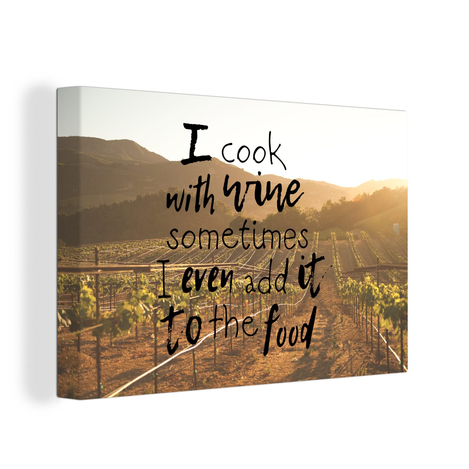 OneMillionCanvasses® Leinwandbild Zitat Wein 'Ich koche mit Wein. Manchmal füge ich ihn sogar zum Essen, (1 St), Wandbild Leinwandbilder, Aufhängefertig, Wanddeko, 30x20 cm