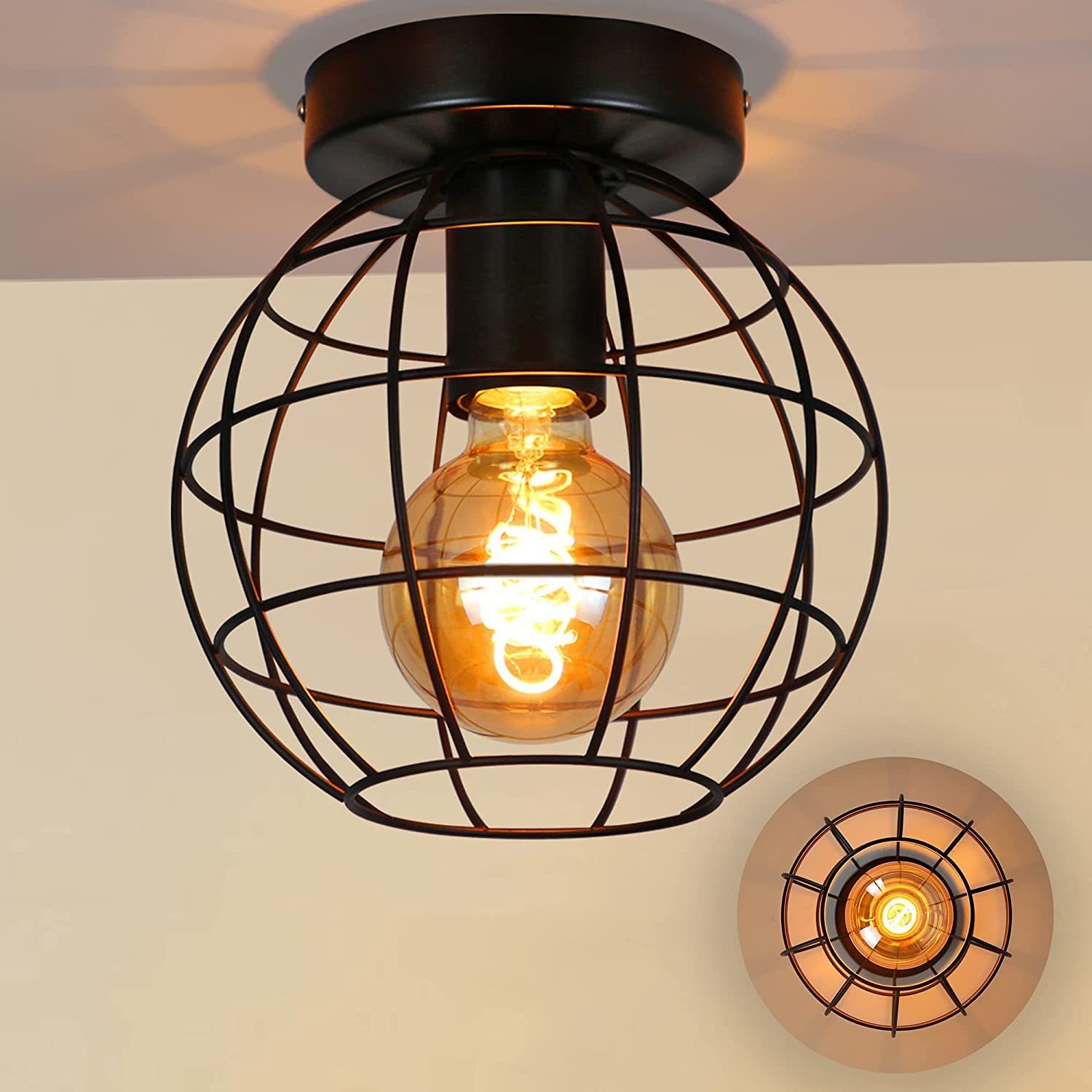 E27 Fassung max 40 Watt Briloner Leuchten – Retro Deckenleuchte mit Holz 30 cm Durchmesser Deckenlampe vintage Schlafzimmerlampe industrial schwarz