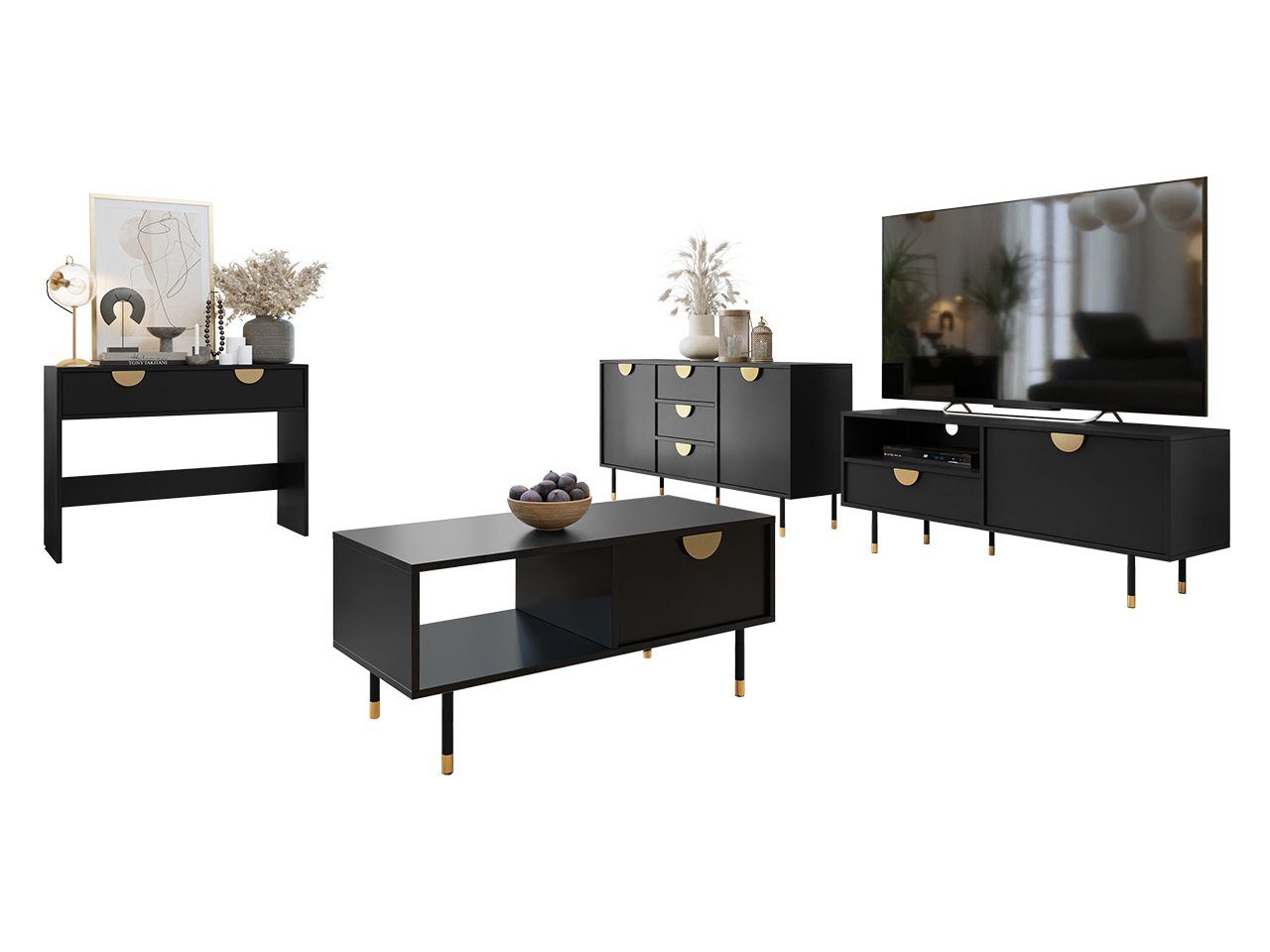 MIRJAN24 Wohnzimmer-Set der Griffe Gold TV-Lowboard, Metallfüße, Farbe (4er-Set, Schminktisch), Kommode, in Vunotis I, Couchtisch