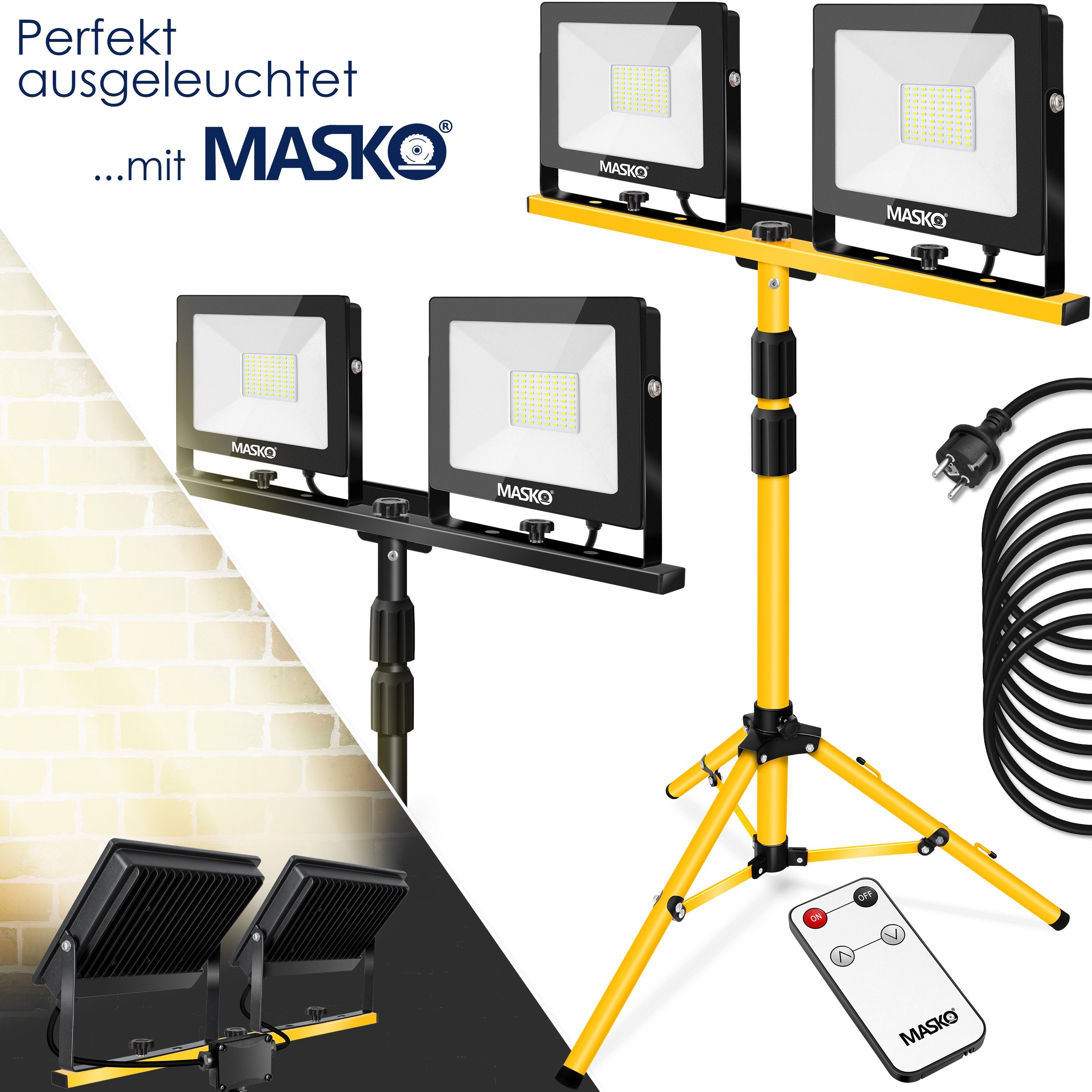 MASKO LED Baustrahler, LED gelb integriert, Baustrahler Fernbedienung Stativ mit 2x Doppel LED fest 50W 100W