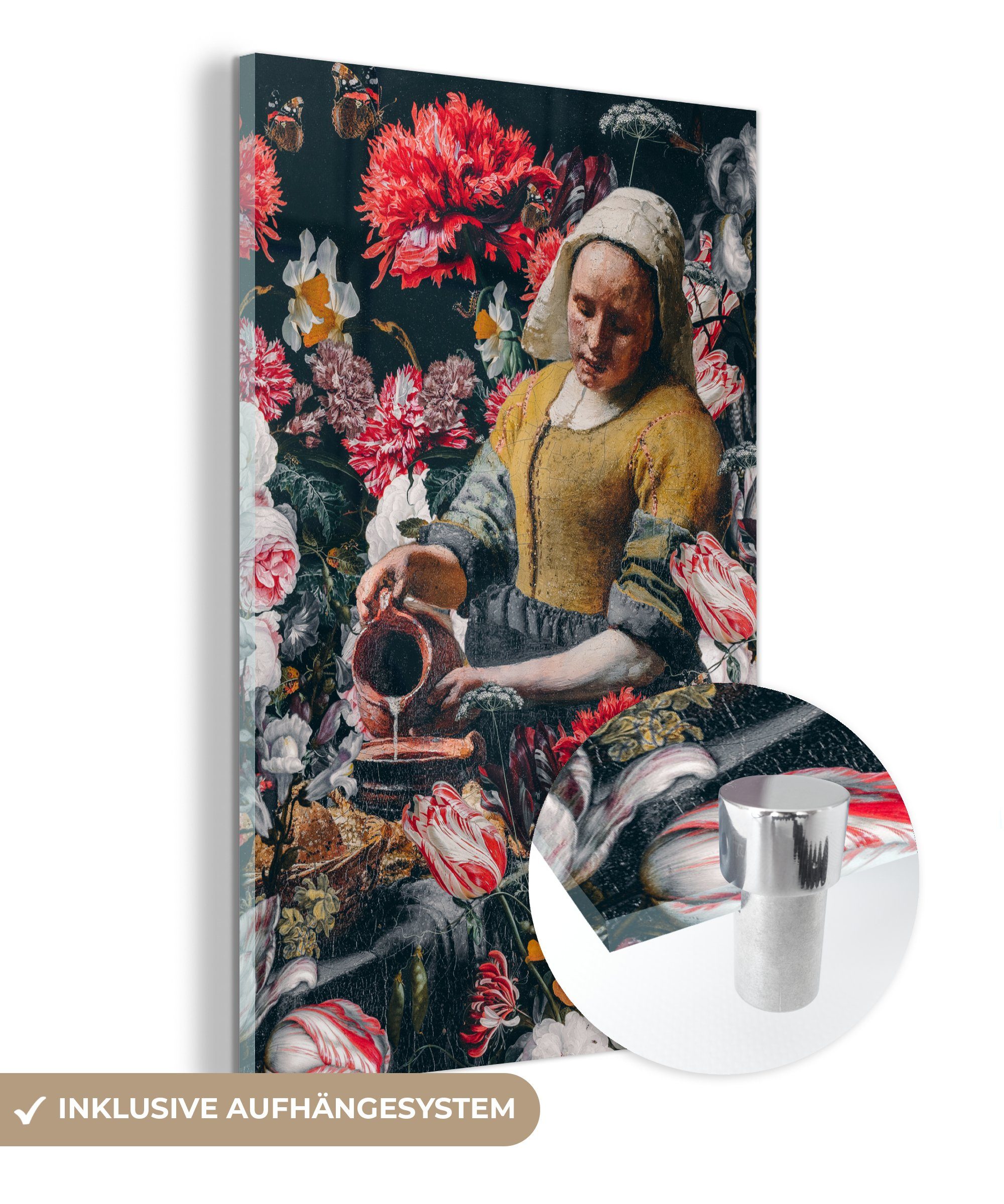 MuchoWow Acrylglasbild Milchmädchen - Johannes Vermeer - Blumen - Rosa, (1 St), Glasbilder - Bilder auf Glas Wandbild - Foto auf Glas - Wanddekoration bunt | Bilder