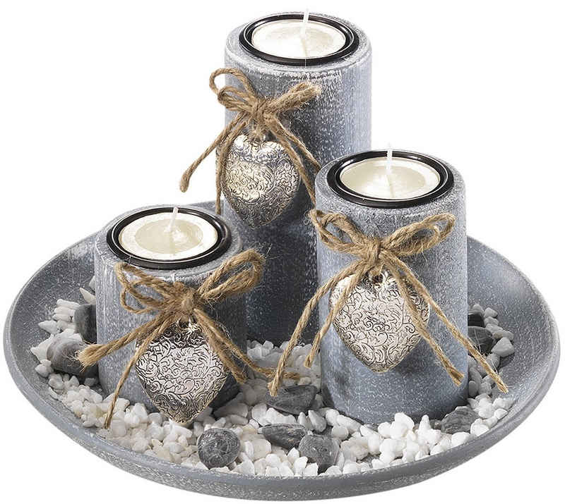 Kobolo Kerzenhalter Dekoschale - 3 Kerzenständer Grau und Steindekoration (Set)