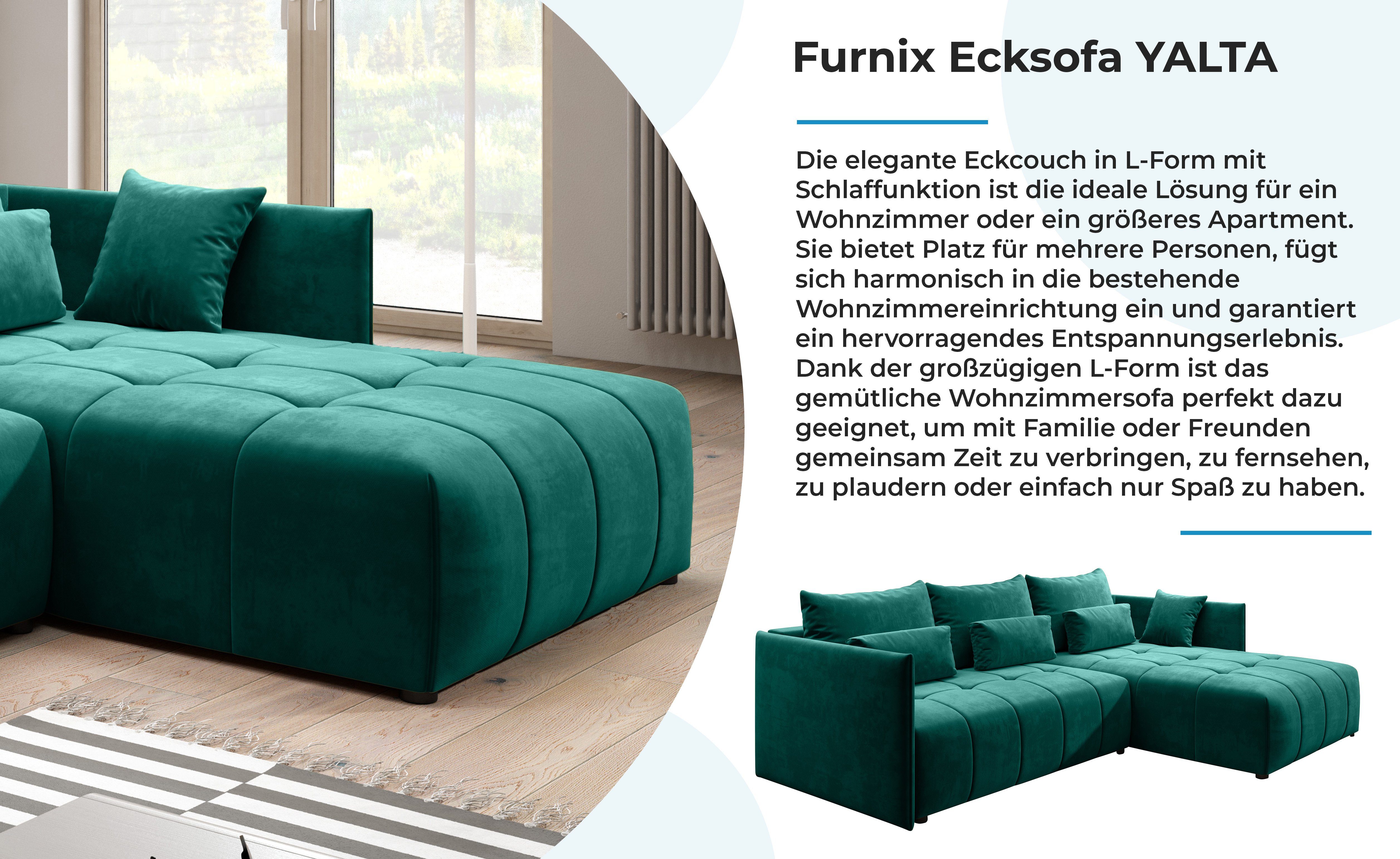Schlafsofa und Europe Grün YALTA Couch Bettkasten mit in Ecksofa Furnix Made Kissen, MH ausziehbar 37