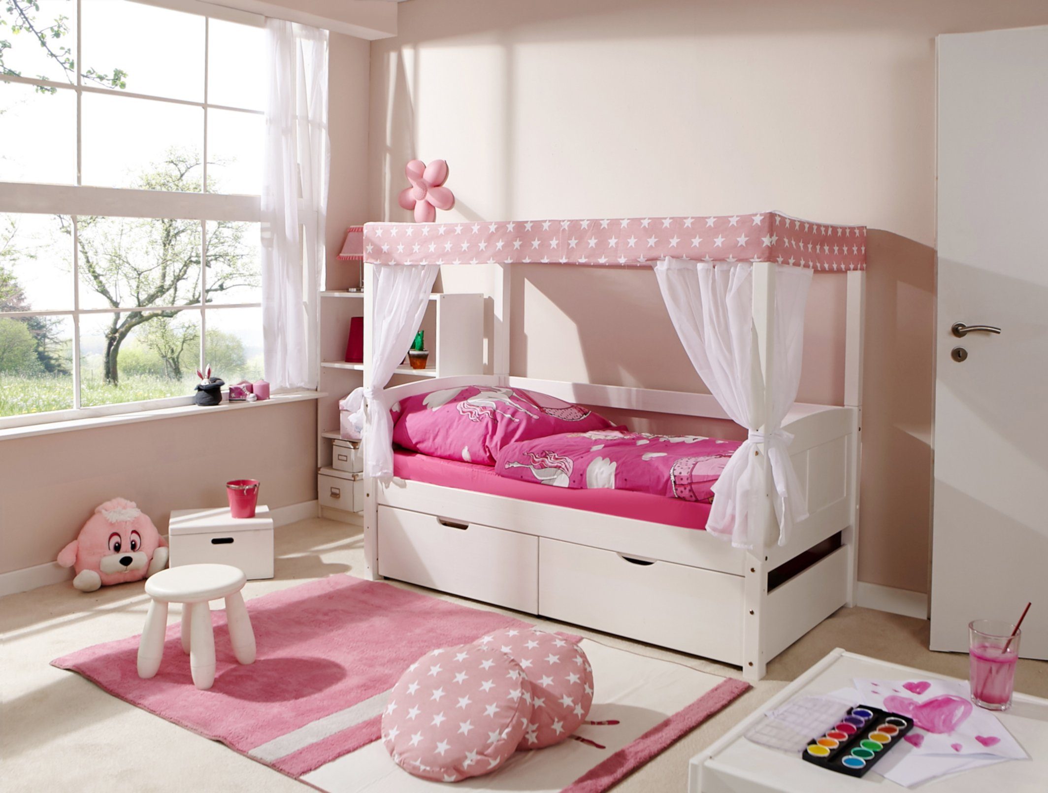 Ticaa Himmelbett Himmelbett Mini mit Bettkasten "Stern Rosa" Kiefer, Oberer günstig online kaufen