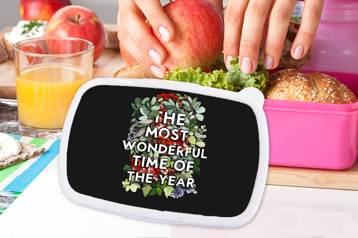 Snackbox, Weihnachten, Brotdose Mädchen, - Lunchbox Blumen Zitate - Pflanzen Kunststoff, MuchoWow - Kunststoff Brotbox für Kinder, (2-tlg), rosa Erwachsene,