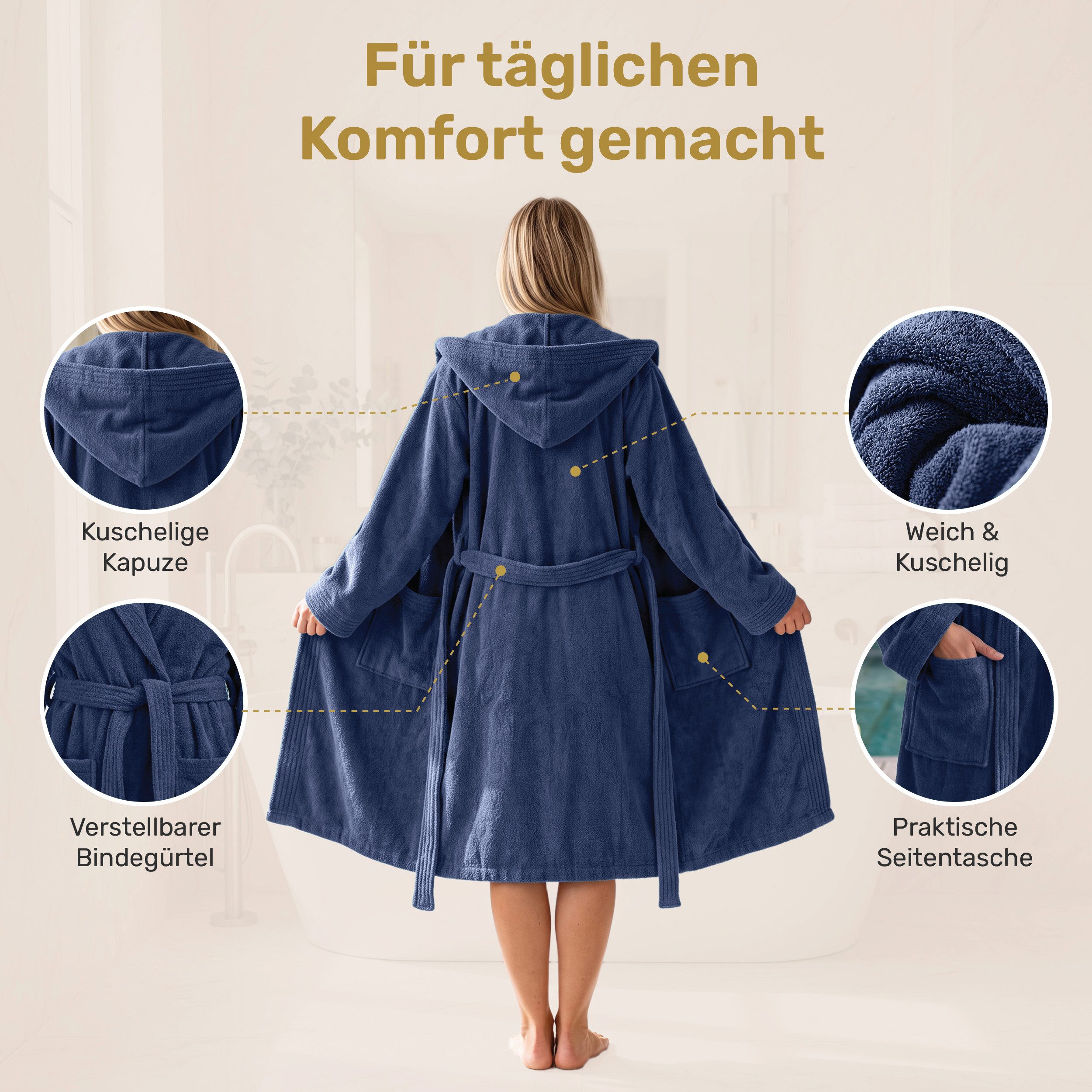 Lavea Bademantel Damen und Herren, Morgenmantel Mexico, Hotelbademantel, Lang, 100% Baumwolle, mit Kapuze, hochwertiger Bindegürtel, Weich & Saugstark - Spa Fee – Bild 3 von 5