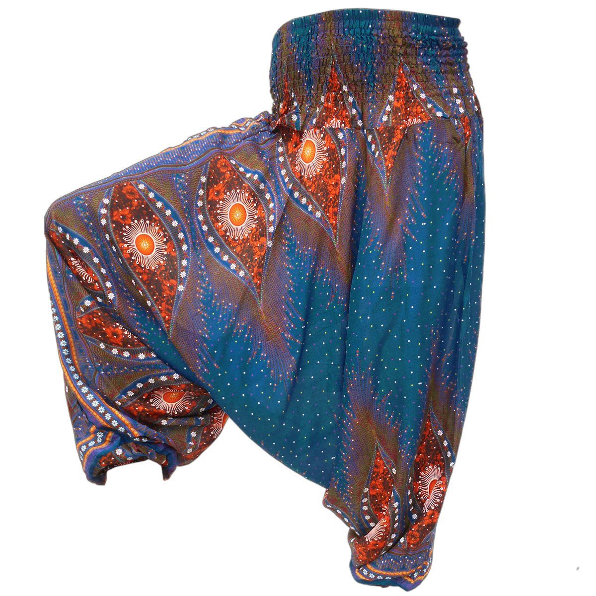 PANASIAM Stoffhose Aladinhose im schönen Peacock Design Haremshose aus 100% natürlicher Viskose auch als Overall tragbar Damen Pumphose bequeme Freizeithose V 12 | Weite Hosen