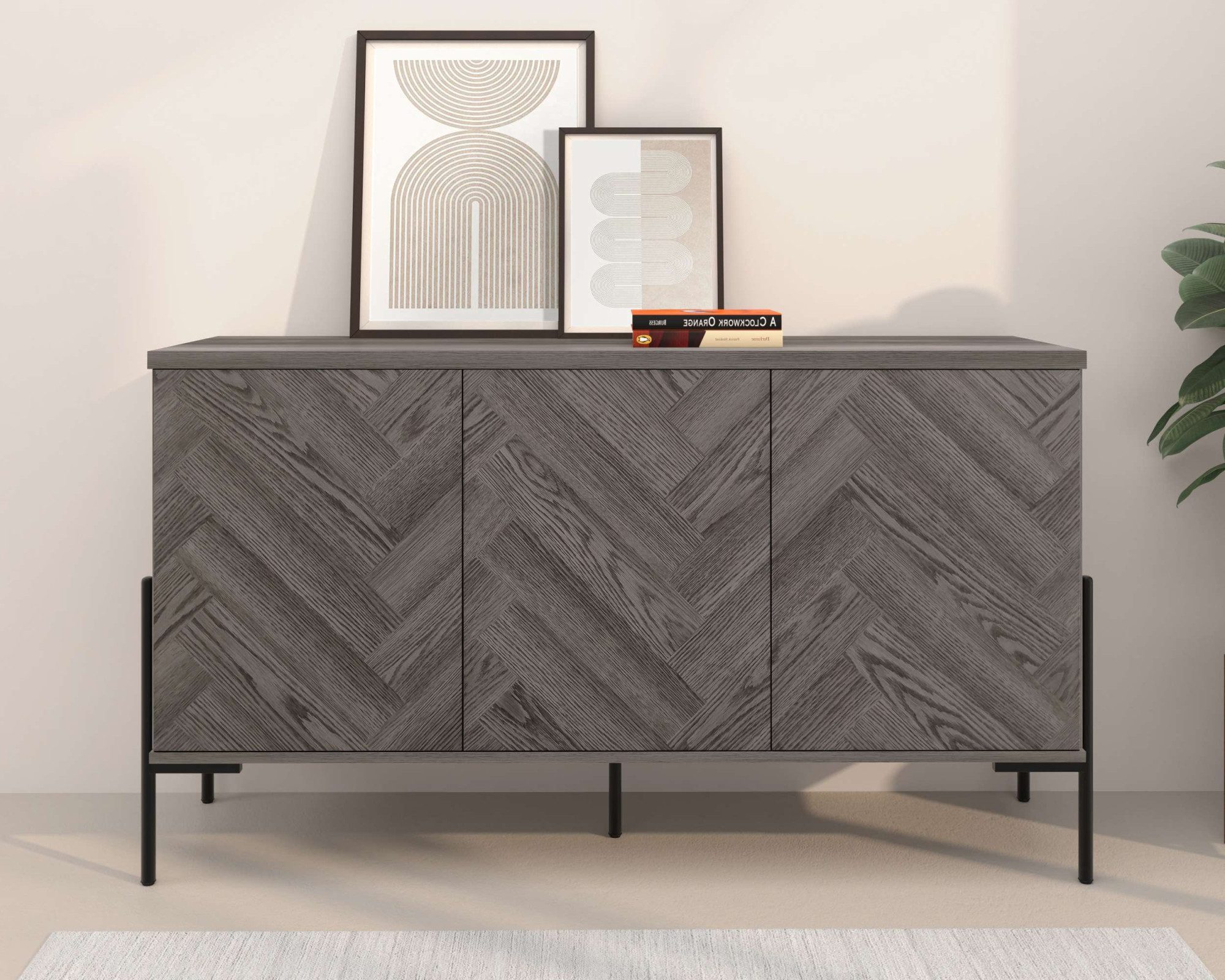 Leonique Sideboard Eadwine, Kommode, Push-to-open, Türen mit Fischgräten Muster, Breite 130 cm