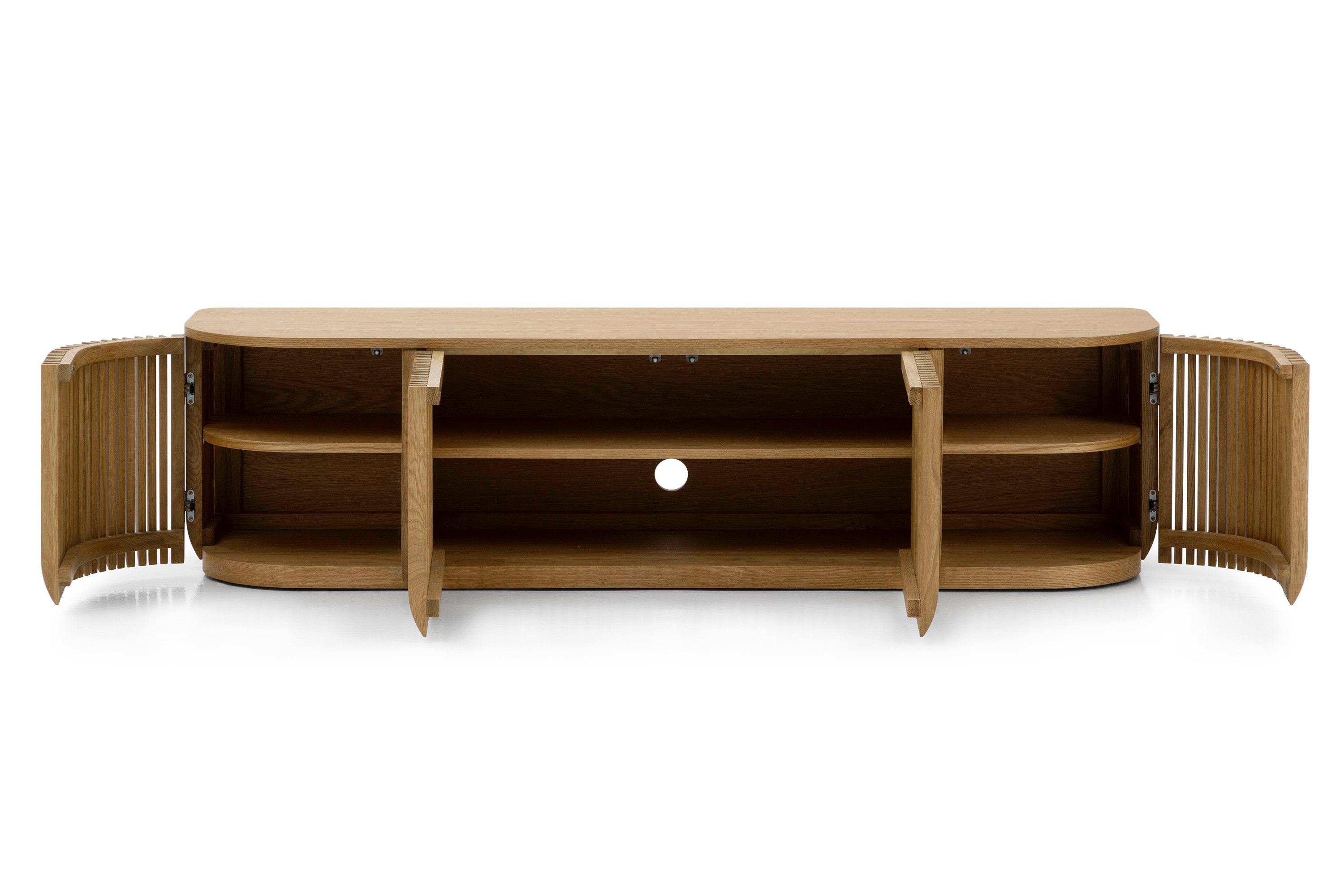 Woodek Design TV-Schrank TV-Lowboard FRANZ aus massiver Eiche und Eichenfurnier, natur (natur matt lackiert, 1-St., Lamellentüren aus Massivholz) Breite 175 cm, Höhe 45 cm, Tiefe 45 cm