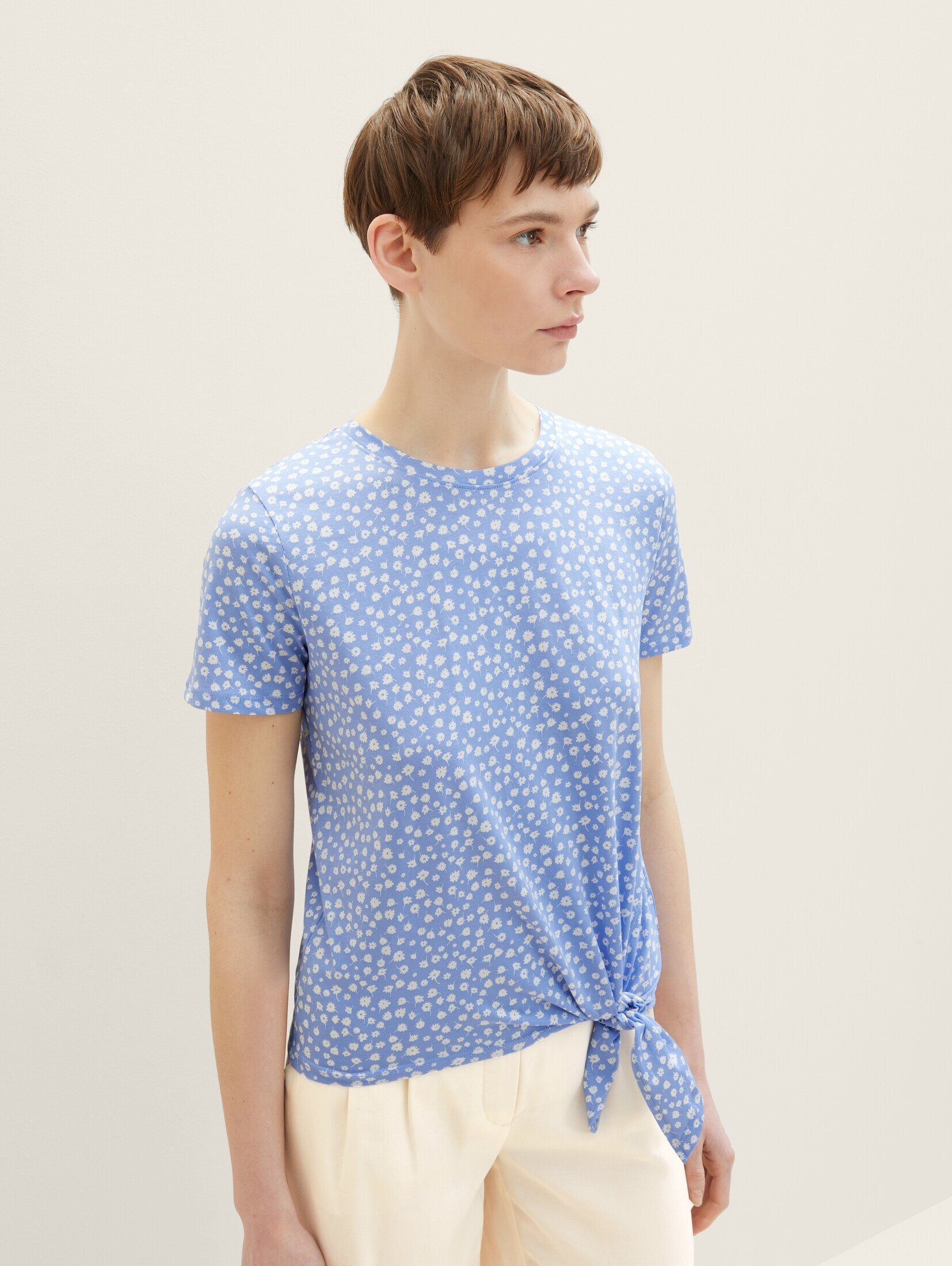 print light TOM T-Shirt Knotendetail flower blue Denim Langarmshirt TAILOR mit