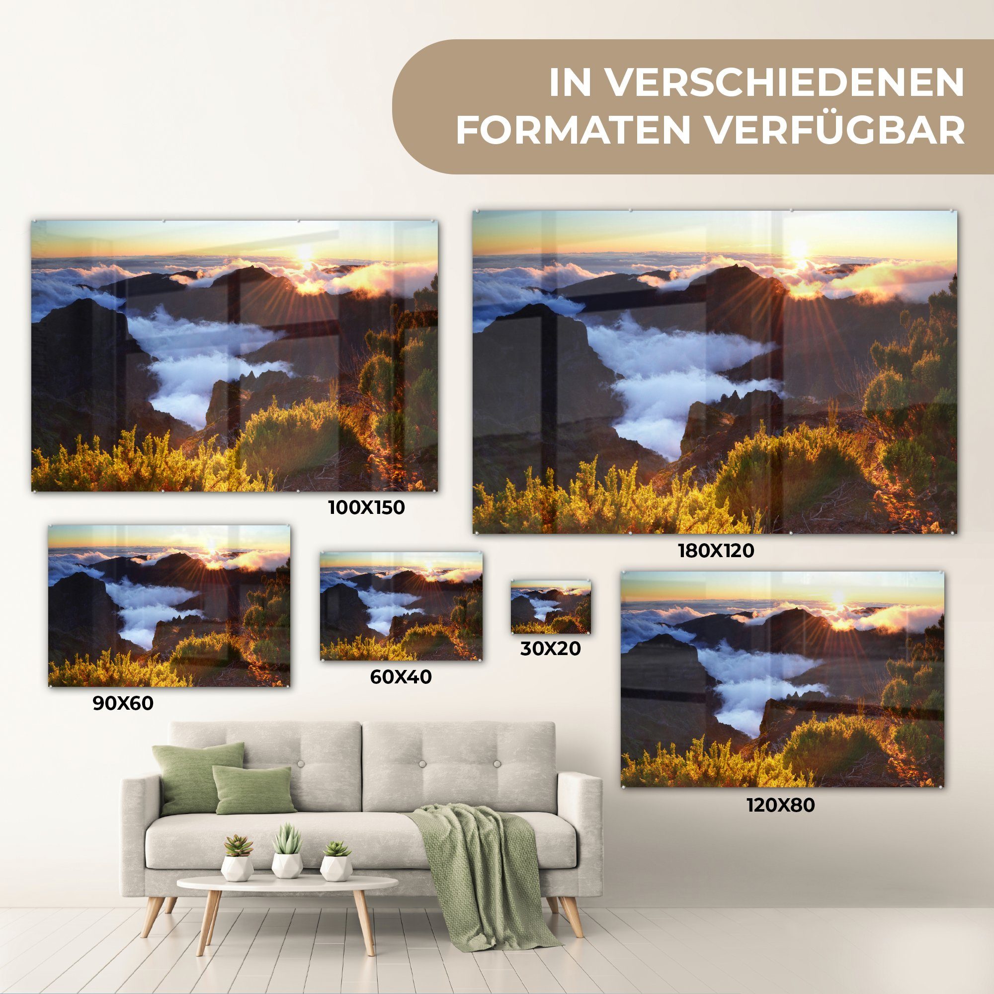 Wolken, Gipfel den MuchoWow Schlafzimmer Acrylglasbild Wohnzimmer Pico Acrylglasbilder & St), Madeira des aus Die auf ragen (1 Ruivo