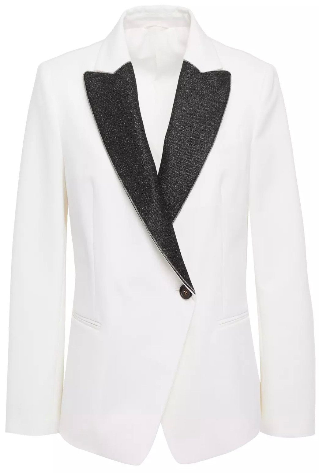 BRUNELLO CUCINELLI Jackenblazer Blazer Sakko mit Perlenverzierung Metallic-Crêpe-Besatz Schimmernde spitze Revers im Tuxedo-Stil