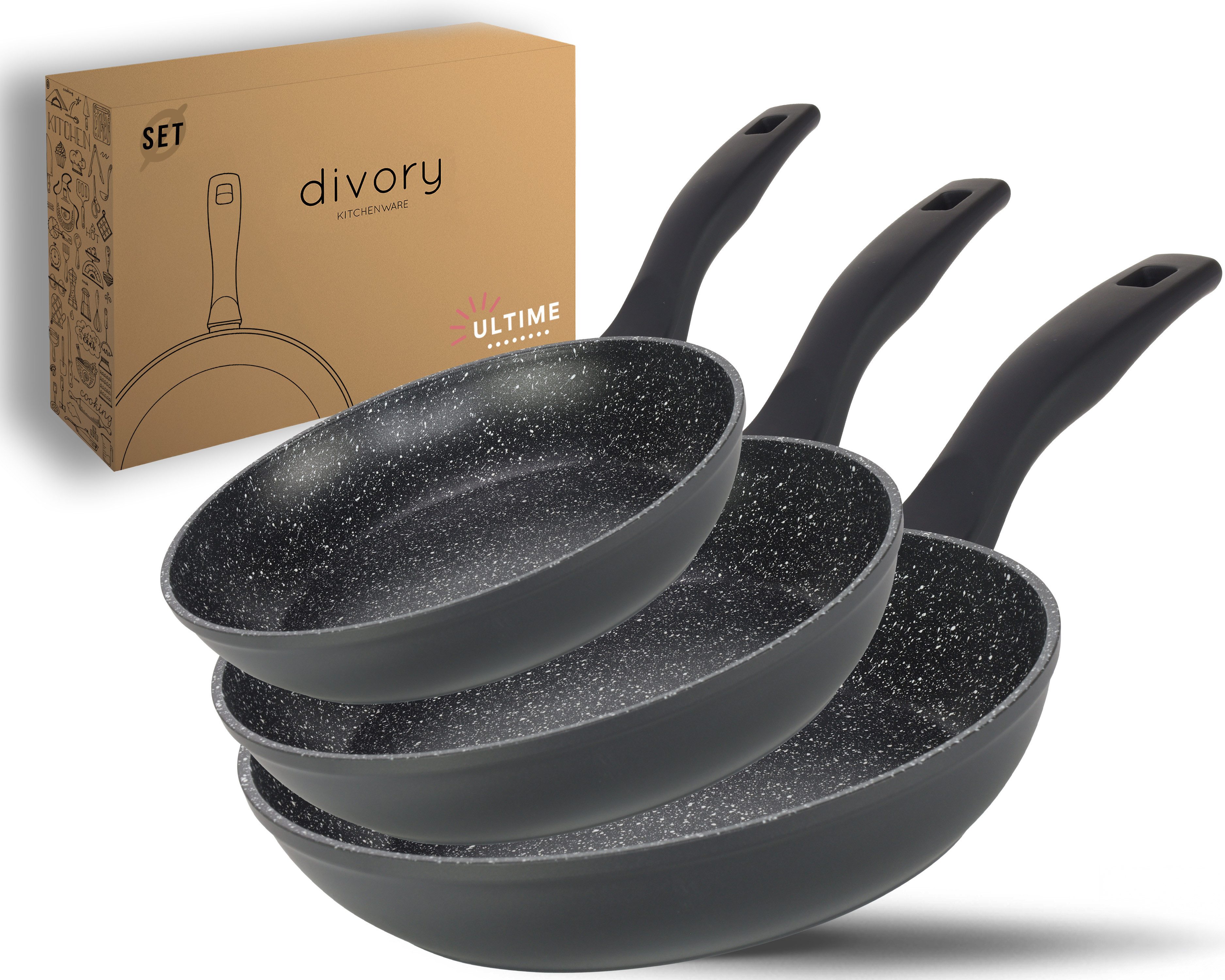 divory Pfannen-Set 3-tlg, Antihaftbeschichtung, alle Herdarten (Set: 20, 24, 28 cm), Aluminium, Induktion