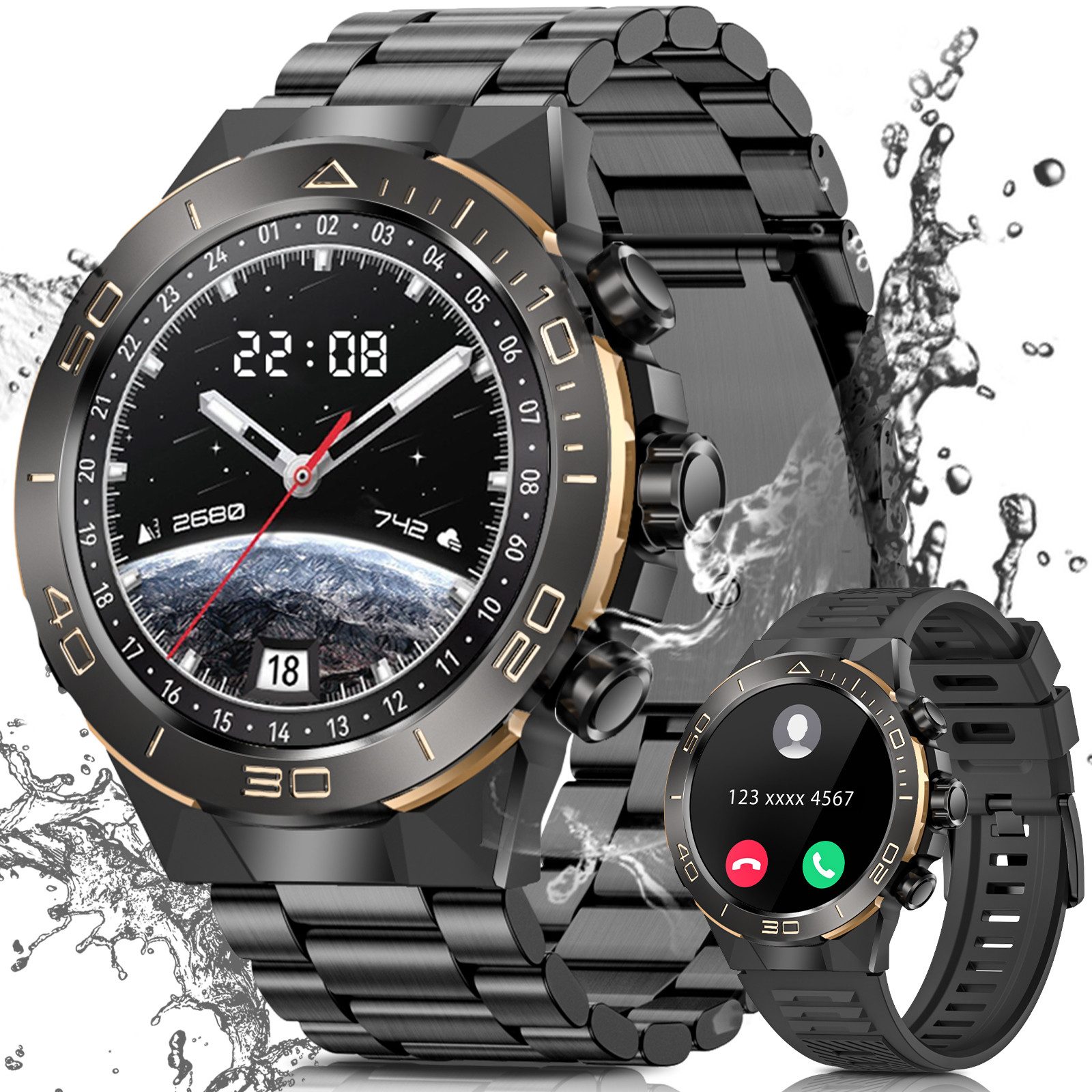 BANLVS 2025 Smartwatch für Herren in Militärqualität mit AMOLED-Display Smartwatch (3.63 cm cm/1,4 Zoll), Anruf, Herzfrequenz, Blutdruck, 107 Sportmodi, IP68, Android/iOS