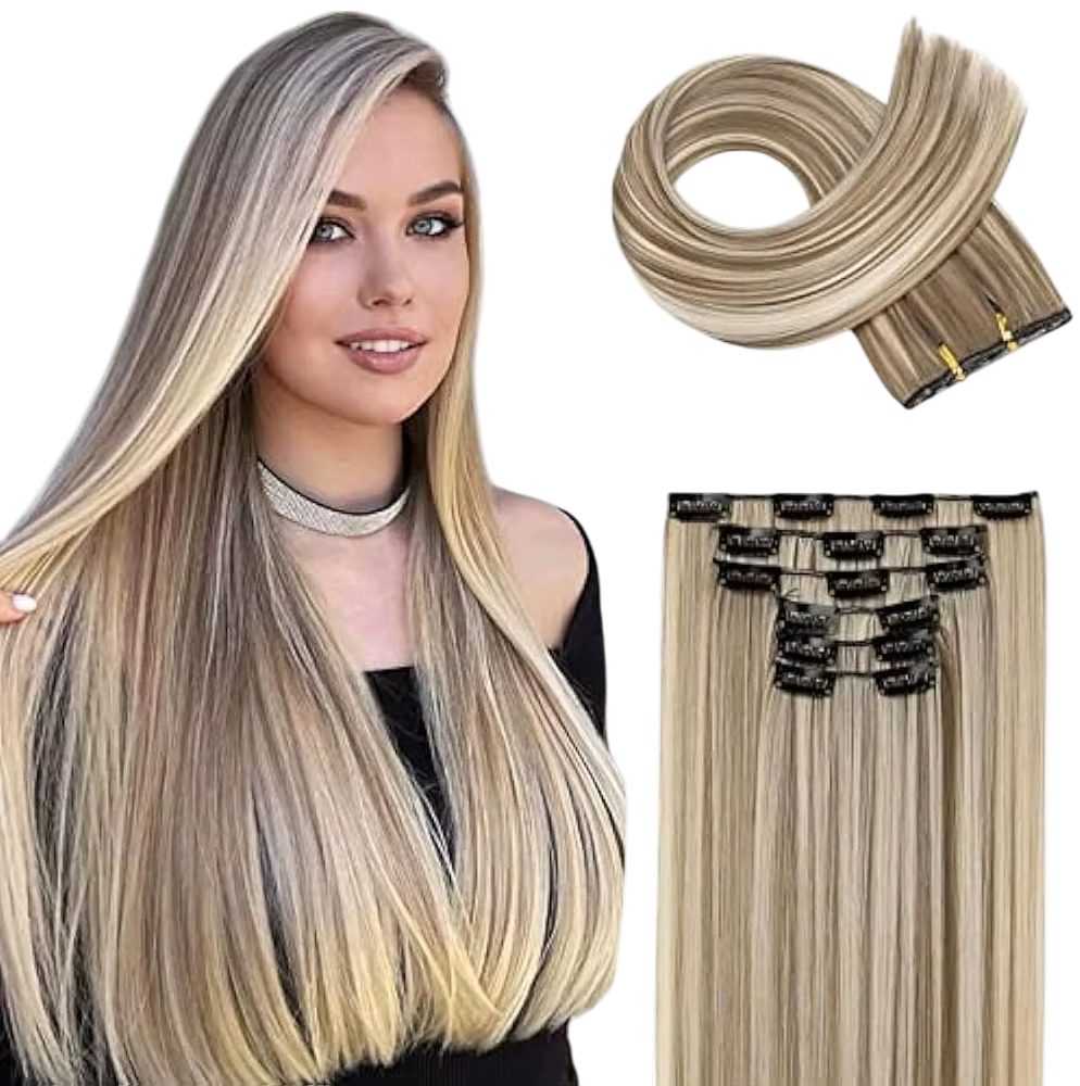 MEGAGOODS Kunsthaar-Extension Clip-in Haarverlängerung 60 cm dicht voluminös leicht für Damen DE.
