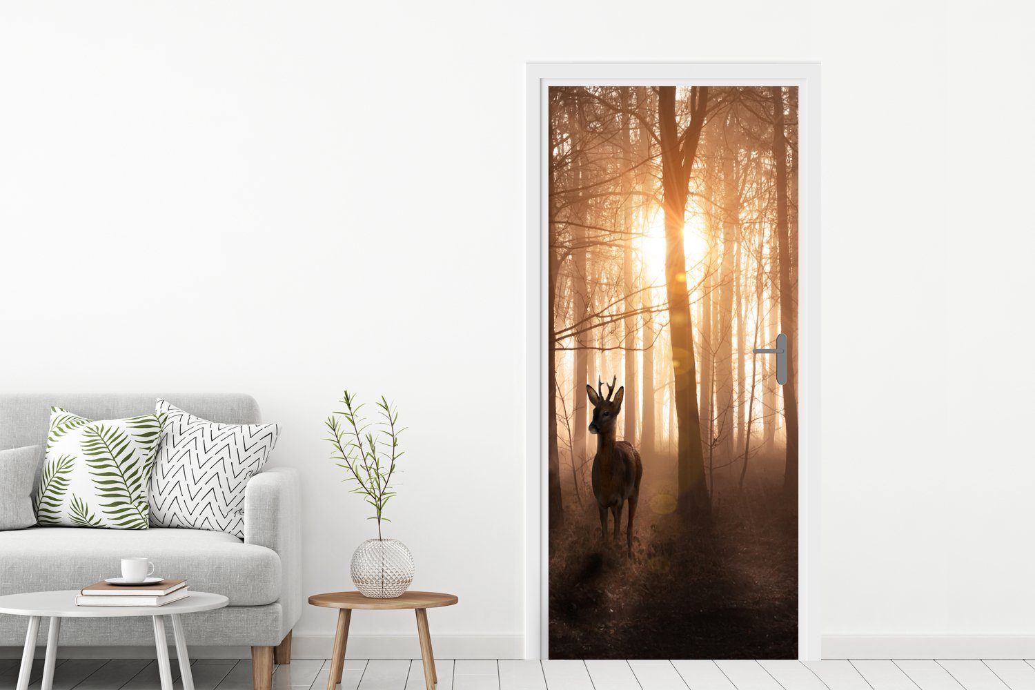 - Tiere, Fototapete Hirsche 75x205 Tür, Natur St), Winter - Bäume cm Türaufkleber, MuchoWow bedruckt, Wald - für Türtapete Sonne (1 Matt, - - -