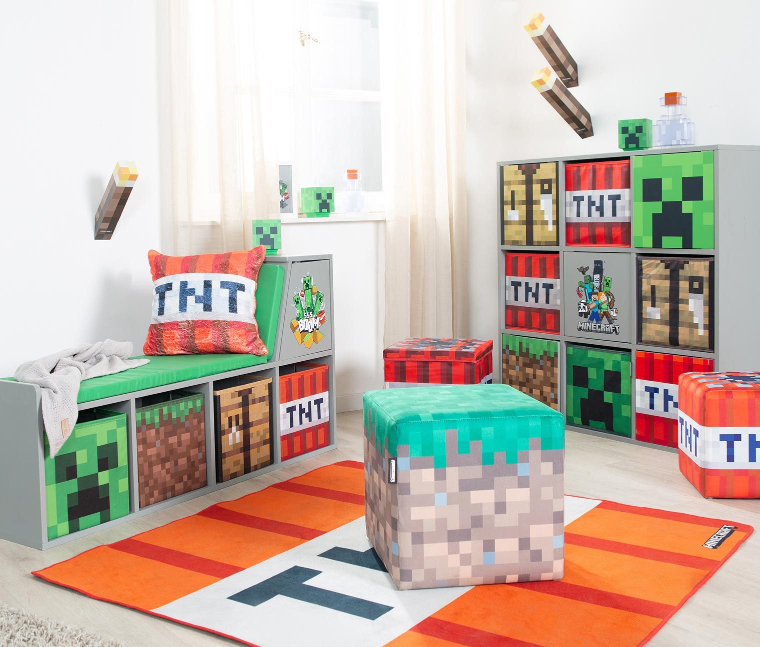 Minecraft Regal mit 4 Fächern & 5 Push to Open Türen - aus Holz mit Minecraft Motiv, 9 Fächer- Stauraumregal für Kinder, Jugendliche & Erwachsene - Grau – Bild 3 von 5