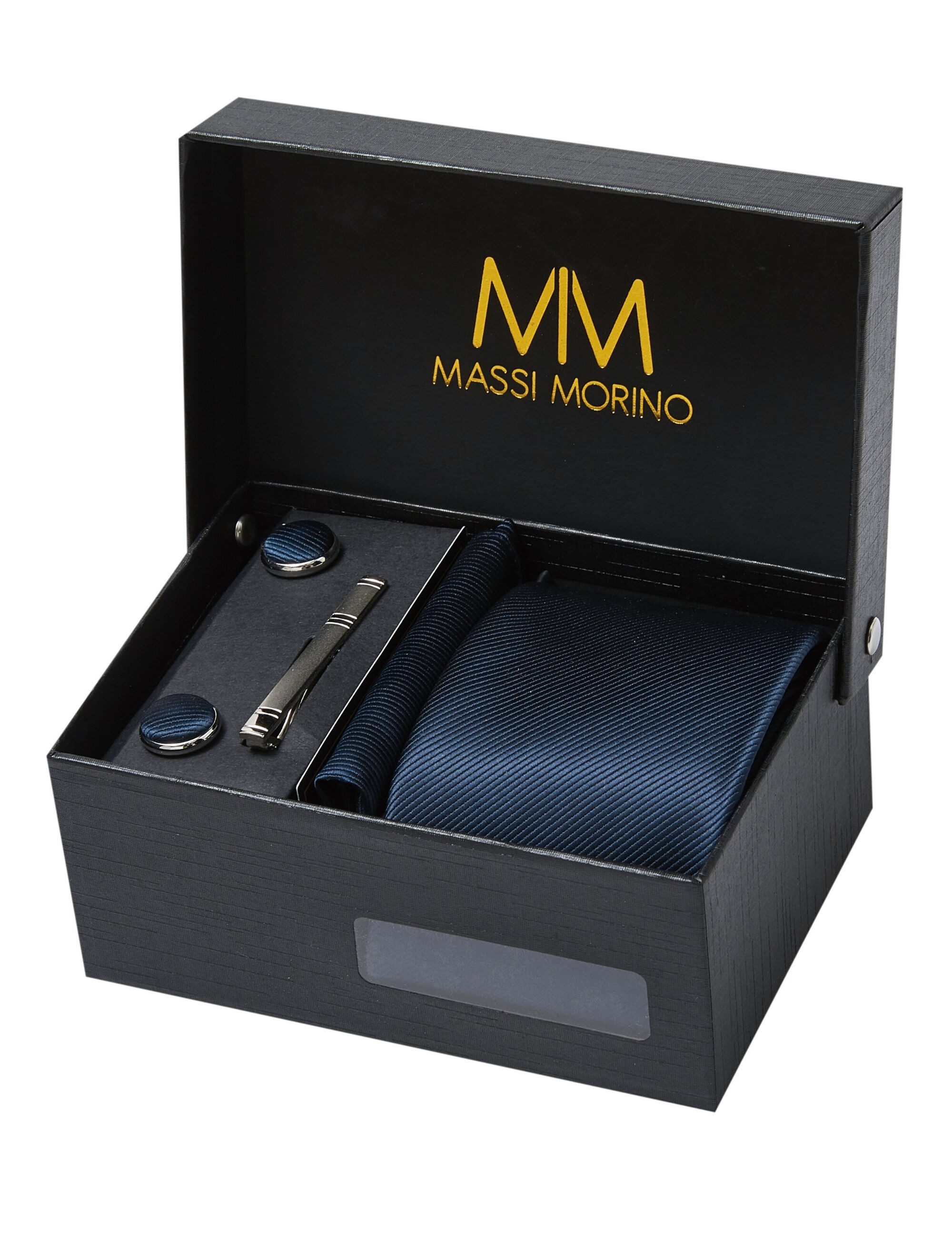 Massi Morino Krawatte (1-St) mit Einstecktuch, Manschettenknöpfen und Krawattenklammer