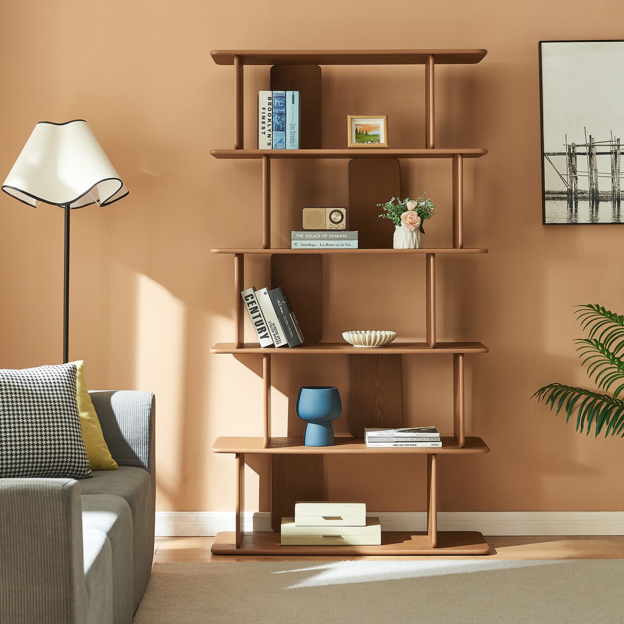 en.casa Bücherregal, »Gäljami« 180 x 100 x 35 cm mit 5 offenen Fächern Walnussoptik