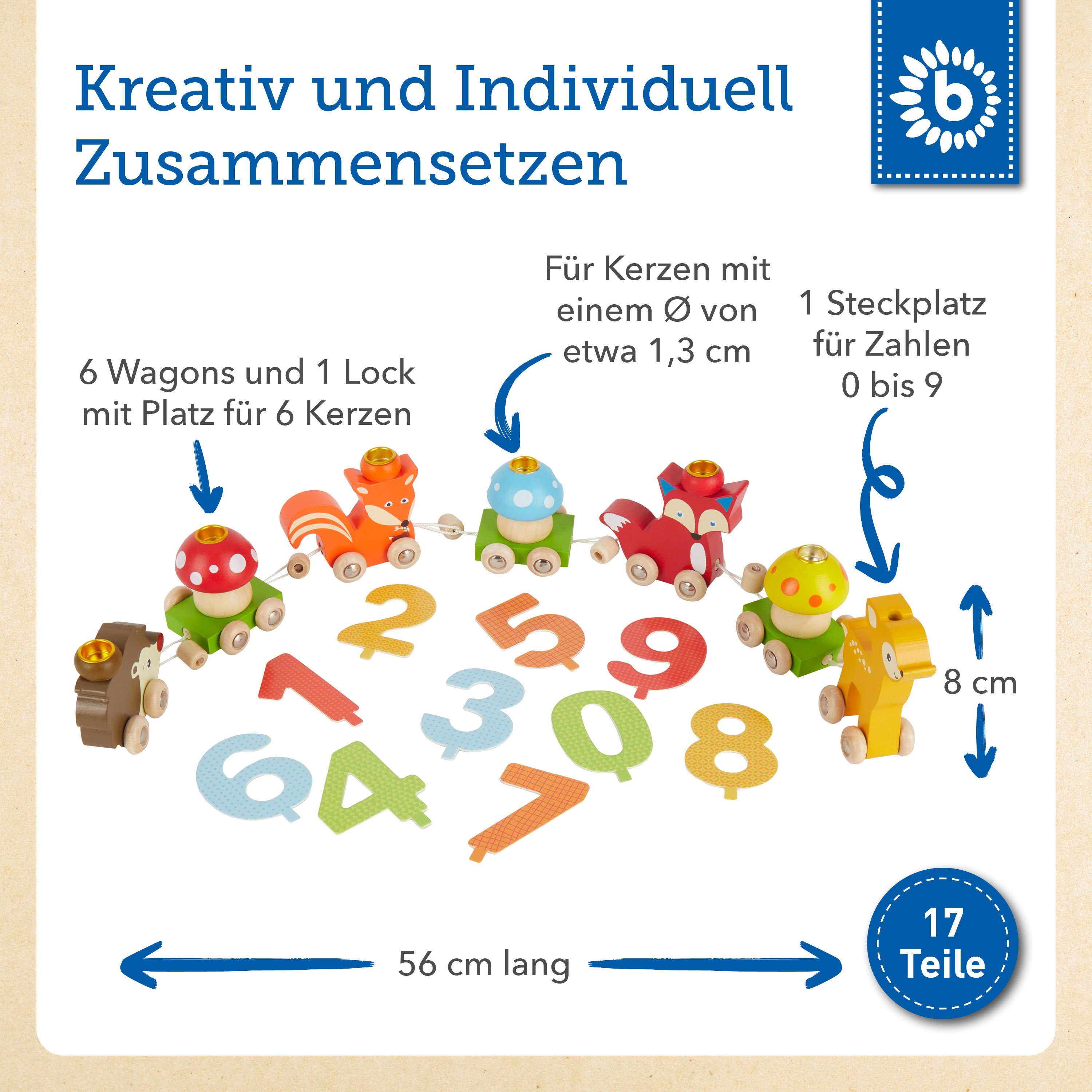 BIECO Kerzenhalter Bieco Holz Geburtstagszug Waldtiere mit Zahlen 0 - 9 Jahre 17 tlg.