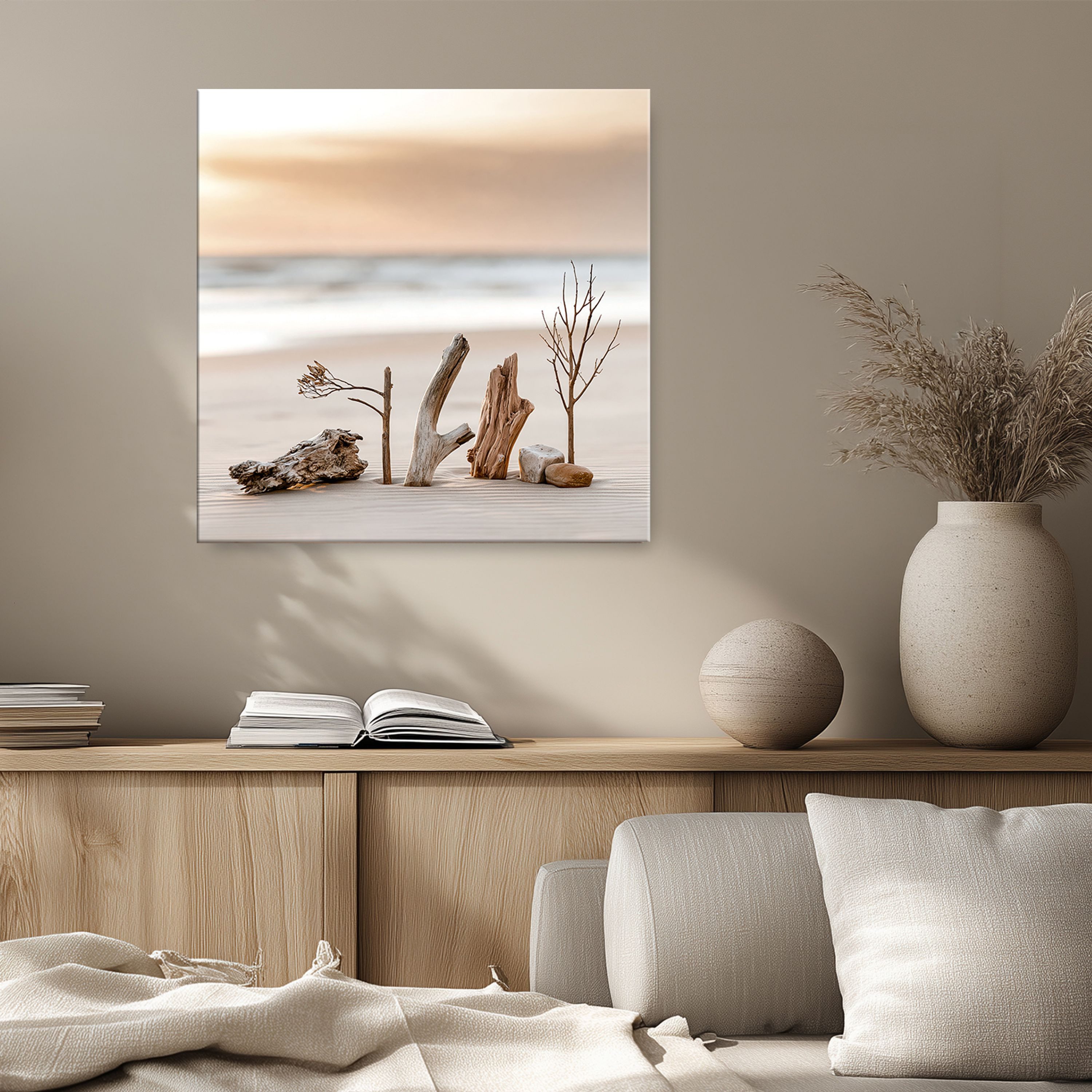 artissimo Glasbild Bild aus Glas 50x50 cm / Wandbild Quadratisch / Wanddeko modern, Strand und Meer: Treibholz am Strand in beige-weiß – Bild 3 von 5