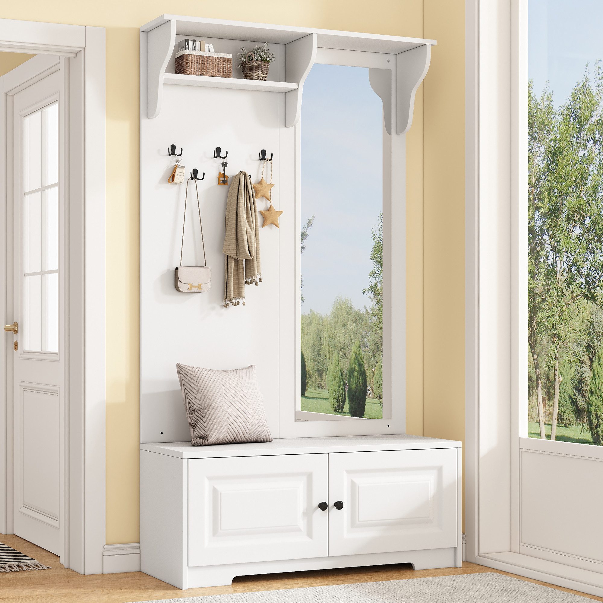 Merax Garderoben-Set mit Spiegel, (1-St., Garderobenkombination für stilvolle Ordnung im Eingangsbereich), Flurgarderobe mit 5 Haken, 2 Schränken, Regal, Schuhschrank & Sitzbank