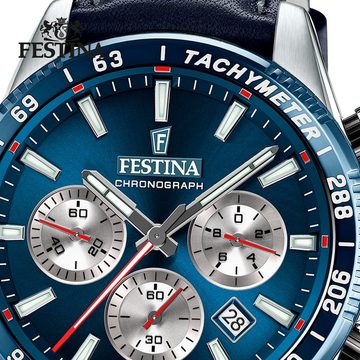 Festina Quarzuhr Festina Herrenuhr Timeless Chronograph, Herren Armbanduhr rund, Lederarmband dunkelblau, Elegant