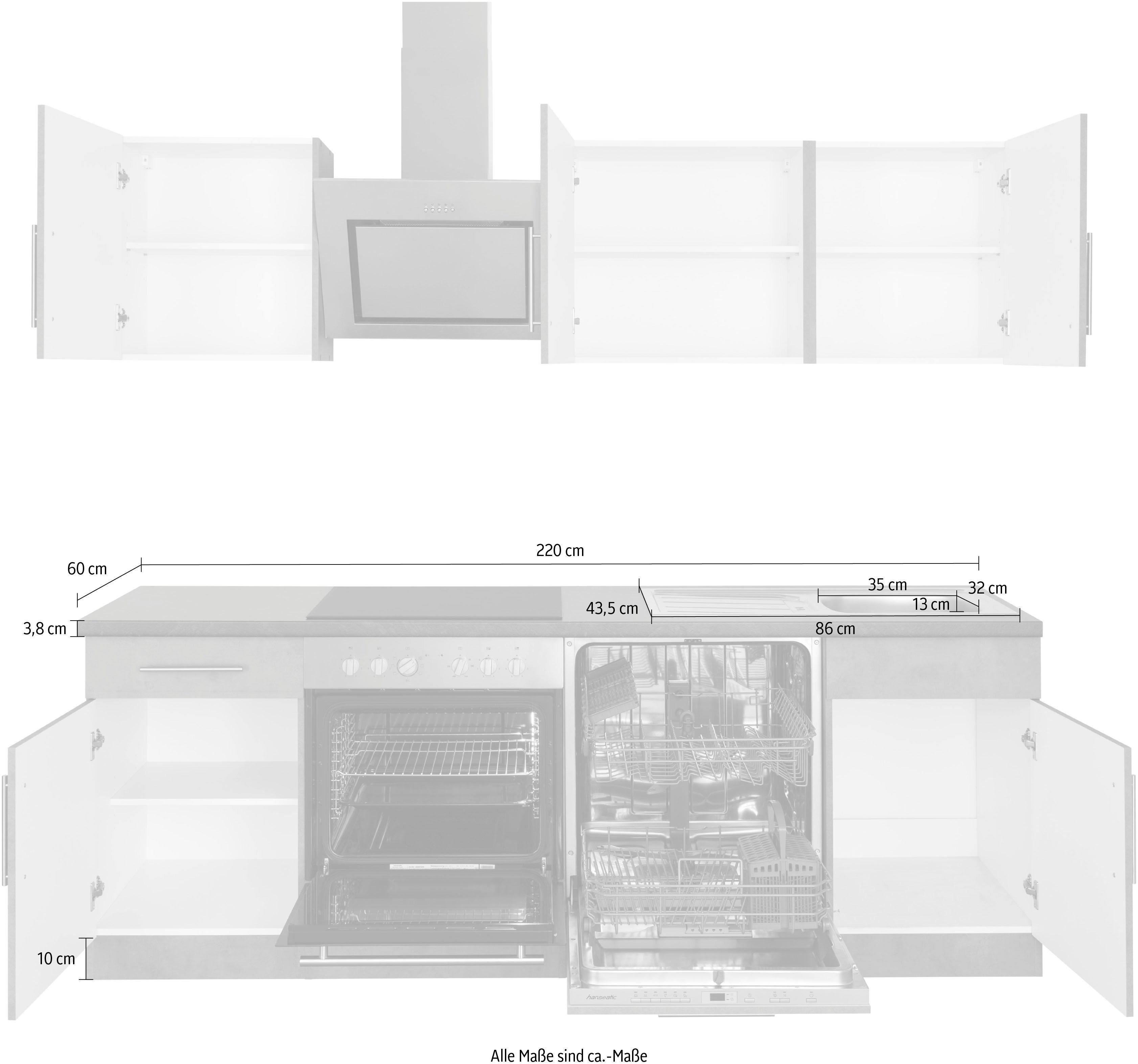 Hanseatic 220 cm Küchenzeile Granit Front: Cali, Küchen mit Arbeitsplatte: E-Geräten | mit Schwarz E-Geräten, wiho Breite Betonfarben Betonfarben,