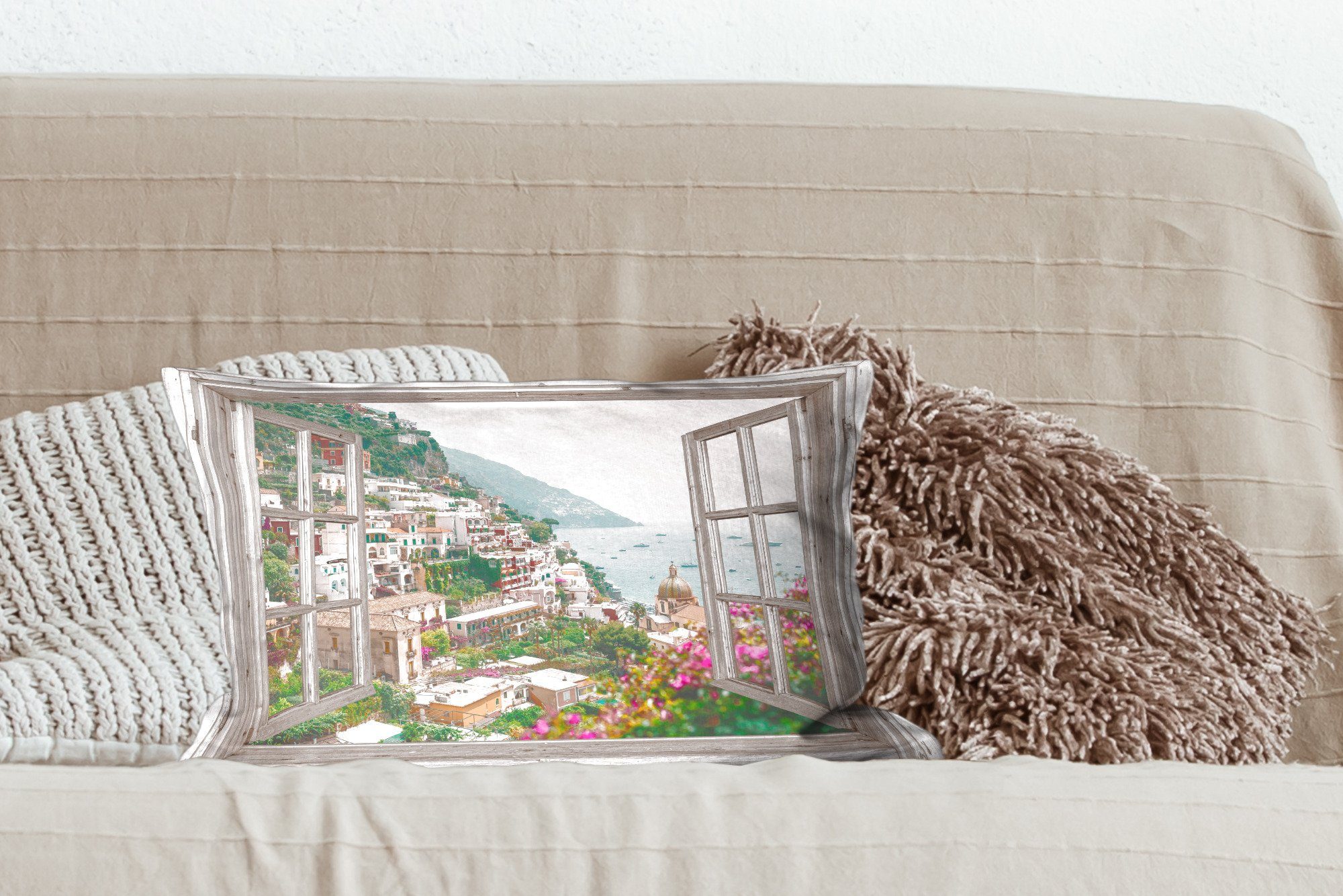 - Küste - - Schlafzimmer MuchoWow - Meer Stadt Dekokissen - - Dekokissen Zierkissen, mit Blumen Füllung, Ausblick Berge, Dekoration, Italien Wohzimmer