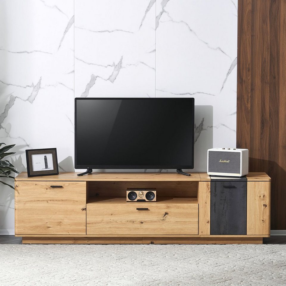 Odikalo TV-Schrank Lowboard Sideboard Lagerschrank Holzmaserung rund Ecken  Stauraum Natur