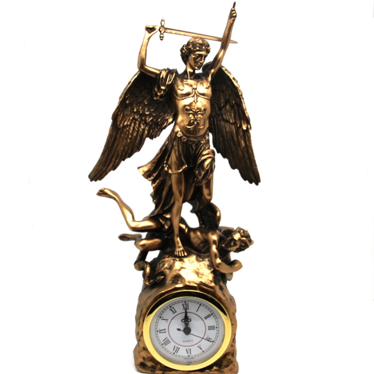 Queen Isabell Tischuhr Erzengel Michael besiegt das Böse Religiöse Bronzeskulptur