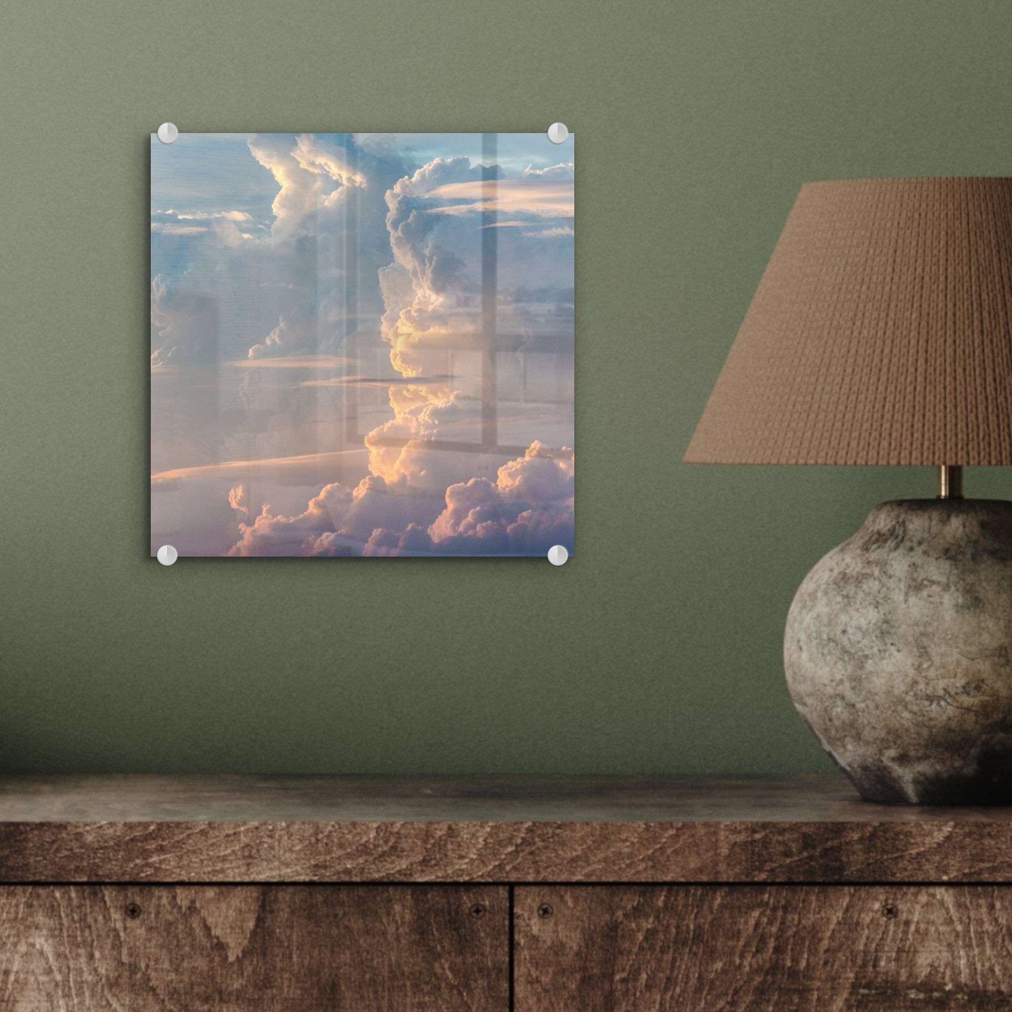 MuchoWow Acrylglasbild Die Sonne sorgt - Wolken, - Glas auf Glasbilder Bilder Glas St), - Foto Wanddekoration bunte (1 Wandbild für auf