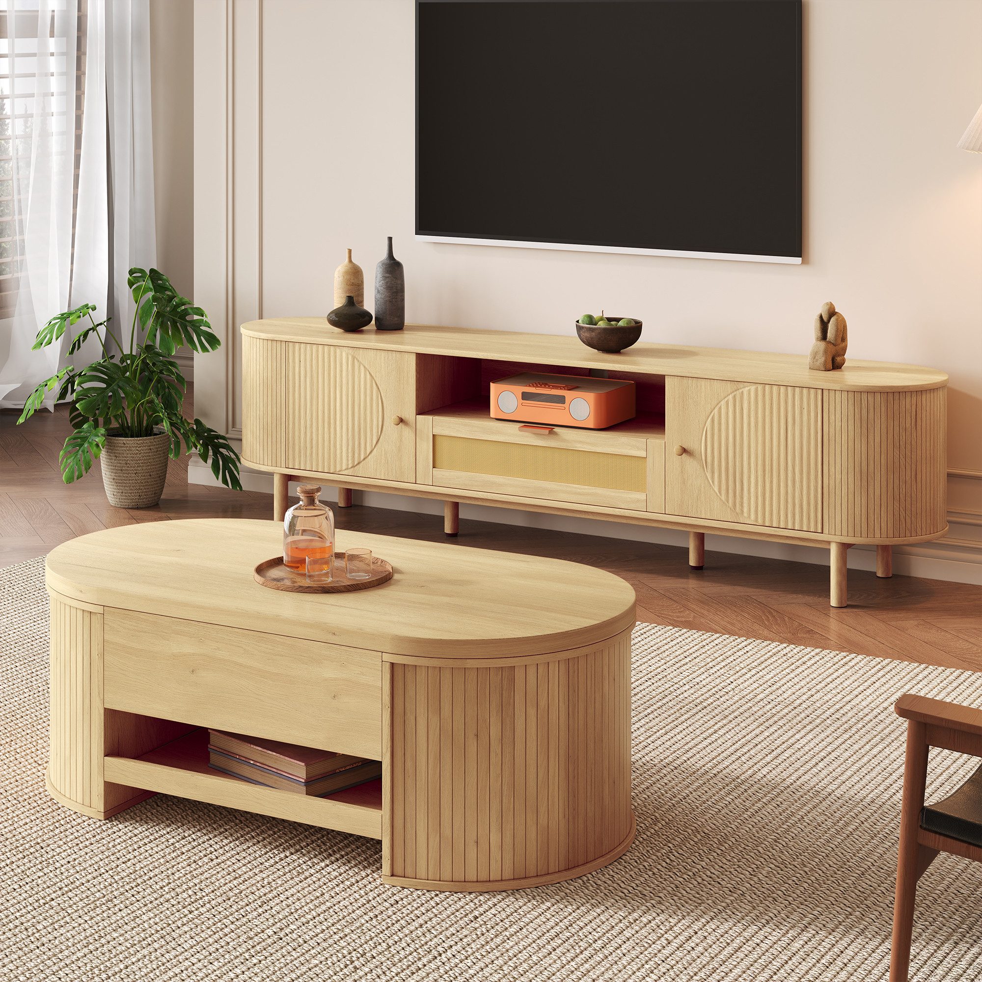 OKWISH Wohnzimmer-Set Couchtisch und TV-Schrank, (Wohnzimmermöbel-Set, 2-St., Couchtisch 110*55,5*40 cm + TV-Schrank 175*36*41 cm), abgerundete Kanten, höhenverstellbarem Satztisch