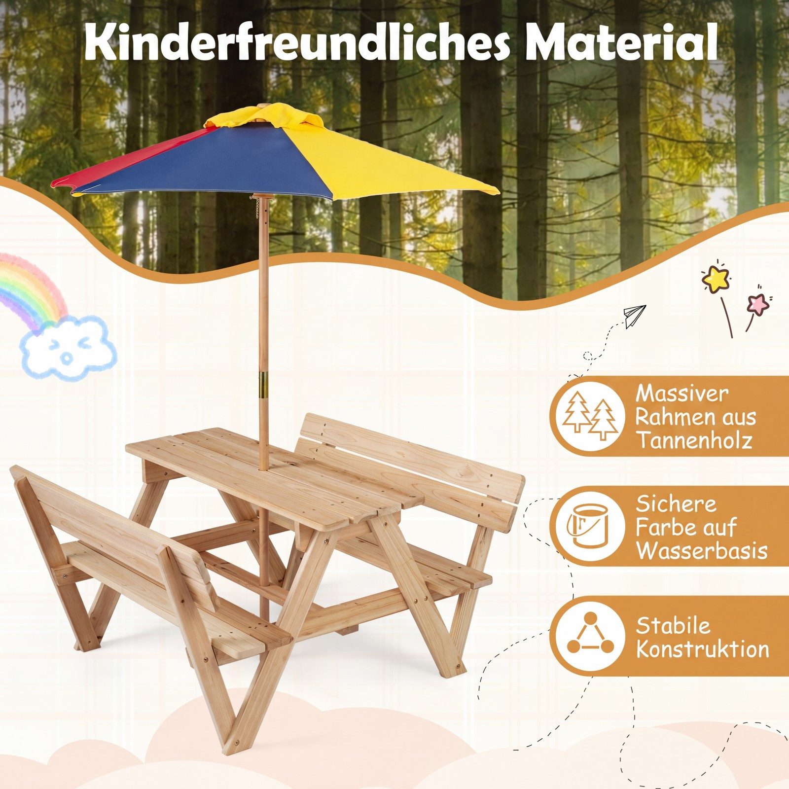 COSTWAY Garten-Kindersitzgruppe, Picknicktisch Kinder mit Sonnenschirm