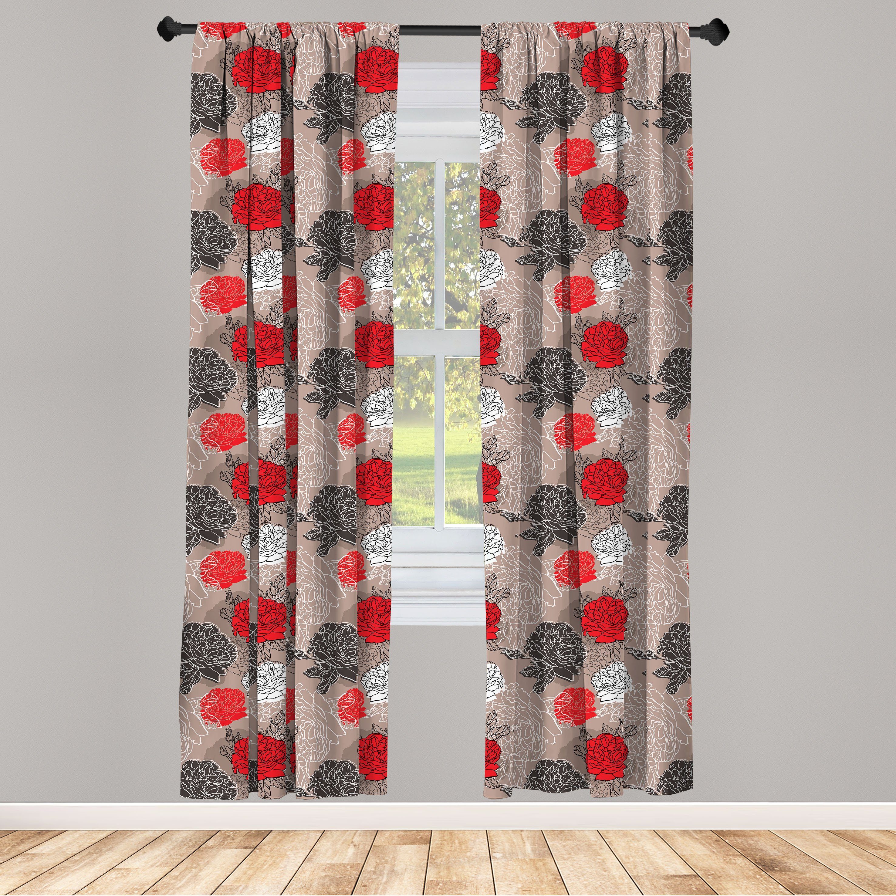 Gardine Vorhang für Wohnzimmer Schlafzimmer Dekor, Abakuhaus, Microfaser, Rot und Schwarz Blühende Pfingstrose