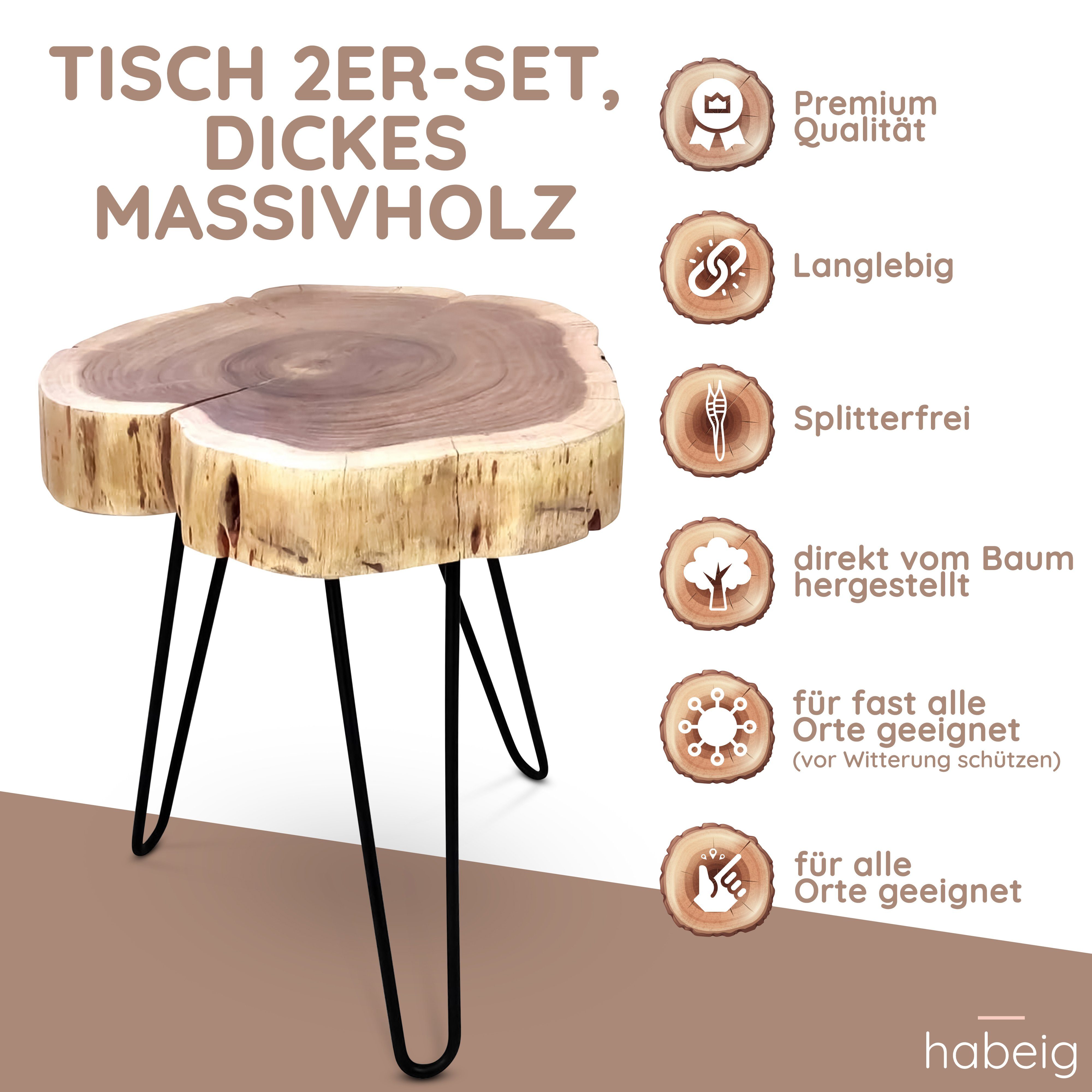 Echtholz Massivholz habeig rustikal im 50x40cm, 2er-Set Dickes Beistelltisch Beistelltisch rustikal Echtholz