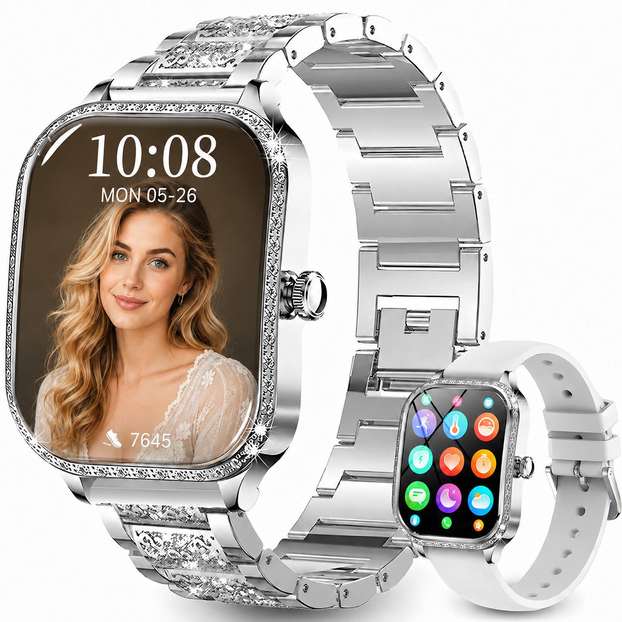 Toomoke Smartwatch,Damen Fitnessuhr 1,75 Zoll mit Telefonfunktion,Touchscreen Smartwatch (4,45 cm/1,75 Zoll), Fitness Tracker, IP68, Herzfrequenz, SpO₂, Schlafanalyse, 100+ Sportmodi, 2 Armbänder