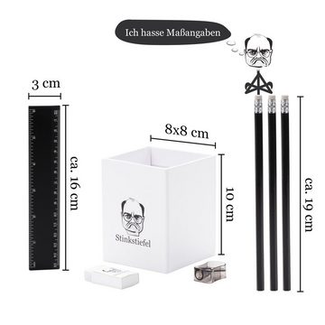 Stinkstiefel Aufbewahrungsbox Lustiger Stiftehalter, inkl. 3 Bleistifte, Lineal, Anspitzer und Radierer