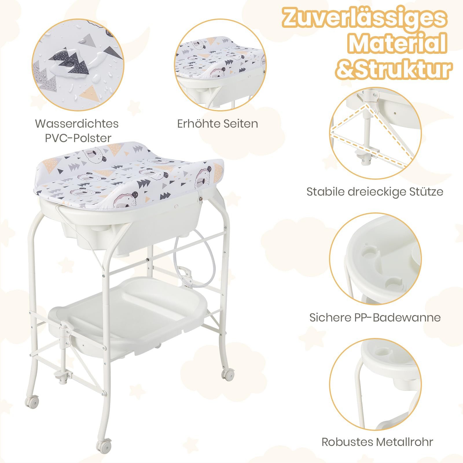 COSTWAY Babywanne Wickeltisch, mobile Wickelstation, Wickelkommode, klappbar, mit 4 Universalrädern