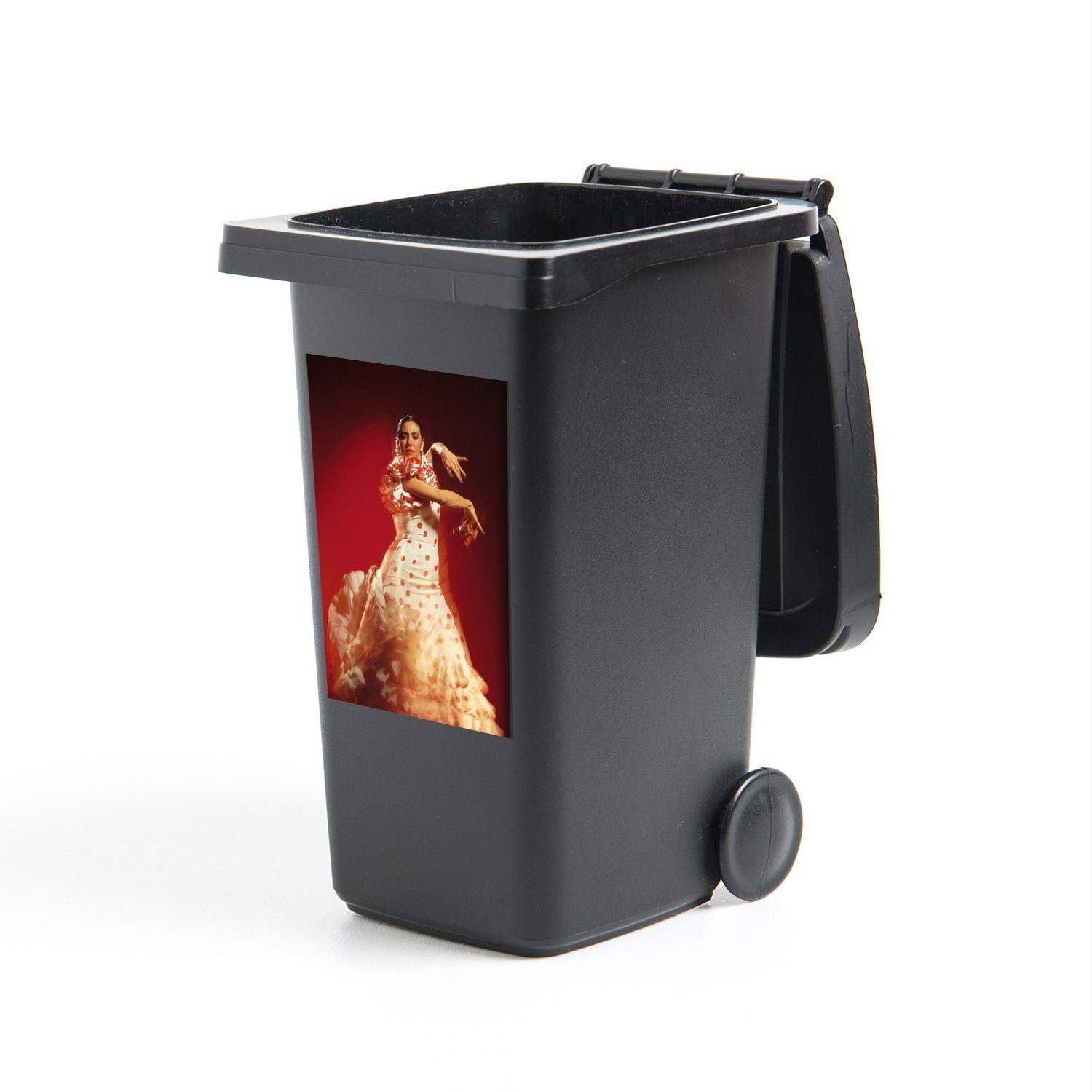 [Günstiger Versandhandel] MuchoWow Wandsticker Eine Abfalbehälter Mülltonne, (1 Sticker, vor rotem St), Container, Mülleimer-aufkleber, Hintergrund Flamenco-Tänzerin