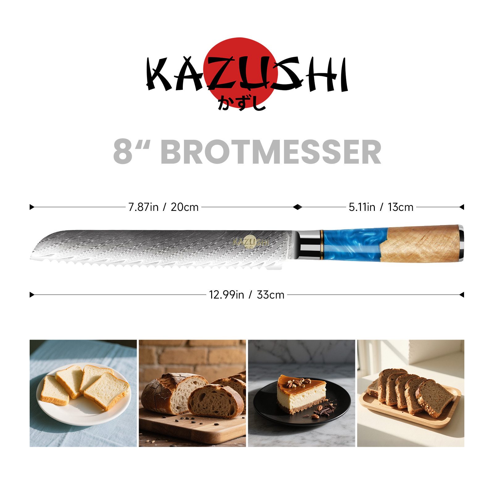 KAZUSHI Brotmesser 8 Zoll Kochmesser, Lebensmittelqualität Edelstahl, mit Wellenschliff, ergonomischer Griff – Bild 2 von 5