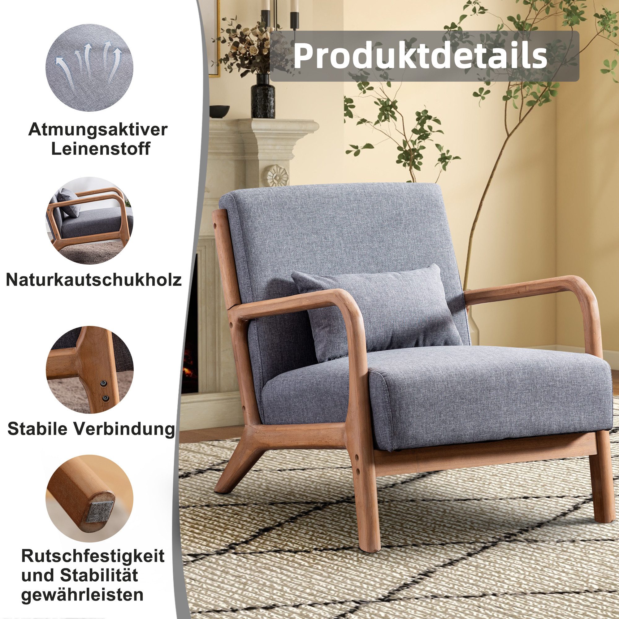 CANMOV Relaxsessel Accent Sessel mit Kissen, Loungesessel mit Armlehnen, Einzelsessel (1-St), Natürliches Holz, Liegestuhl mit Armlehne und Kissen, für Wohnzimm – Bild 3 von 5