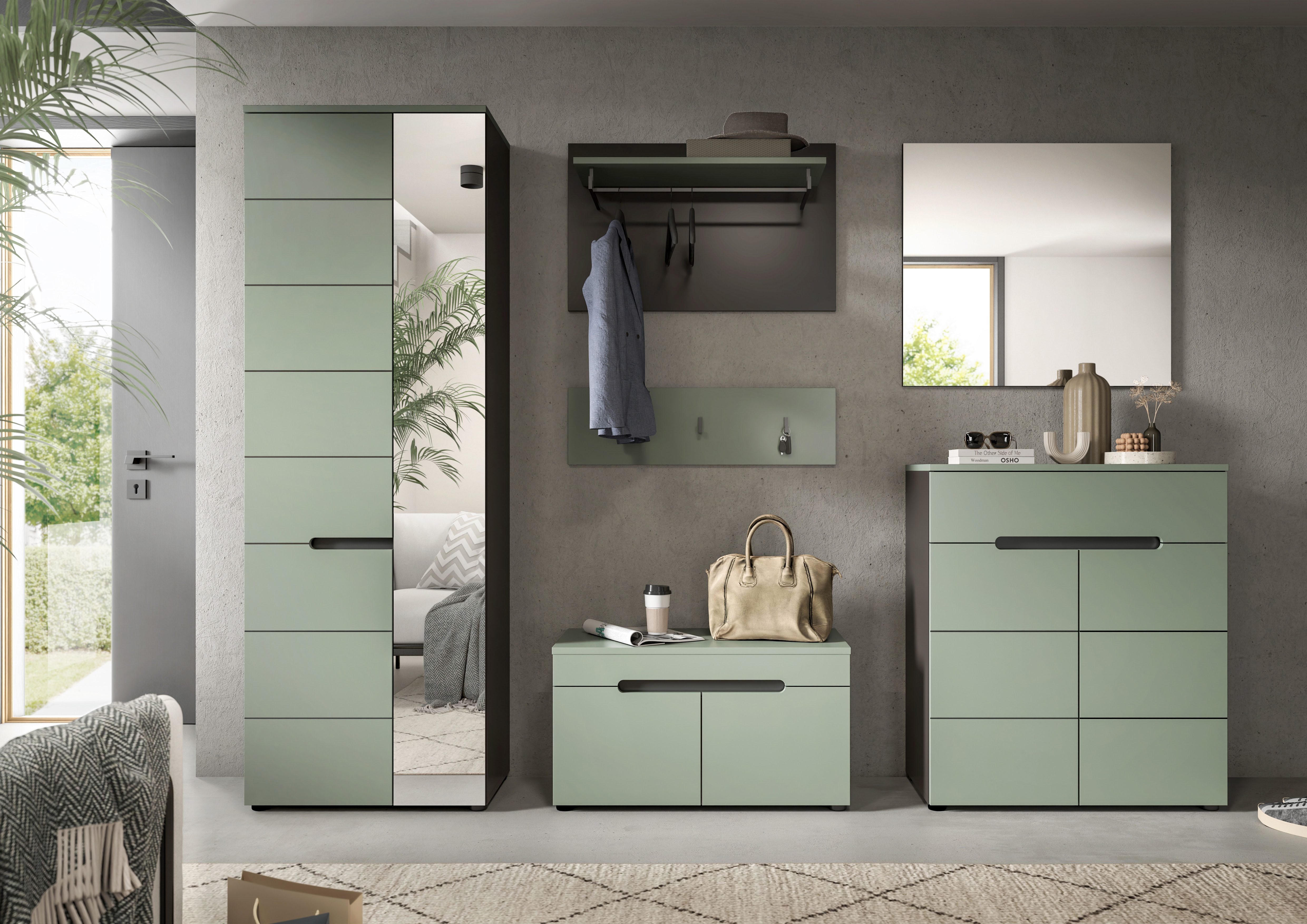 INOSIGN Шкафы-Set Rehat, Шкафыkombination, Breite 255cm, (Set, 6-St., Шкафыschrank, Sitzbank, Paneel, Hakenleiste, Spiegel, Kommode), Шкафыkombination, Kombination, Set, Flurgarderobe, Diele