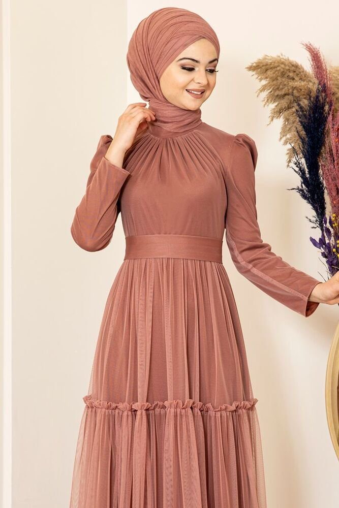 Tüllkleid Abiye mit Abendkleid Rüschenrock Hijab Maxikleid mit Koralle Lycra Modavitrini Abaya Kleid