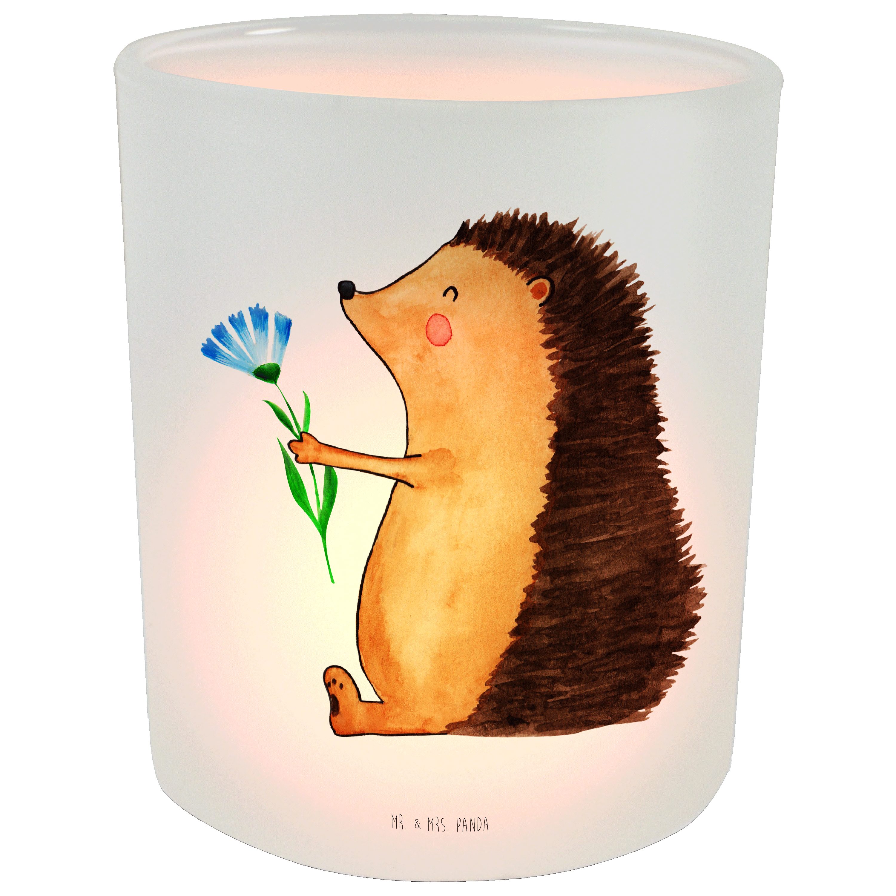 Mr. & Mrs. Panda Windlicht Igel mit Blume - Transparent - Geschenk, Gute Laune, Tiermotive, Tier (1 St)