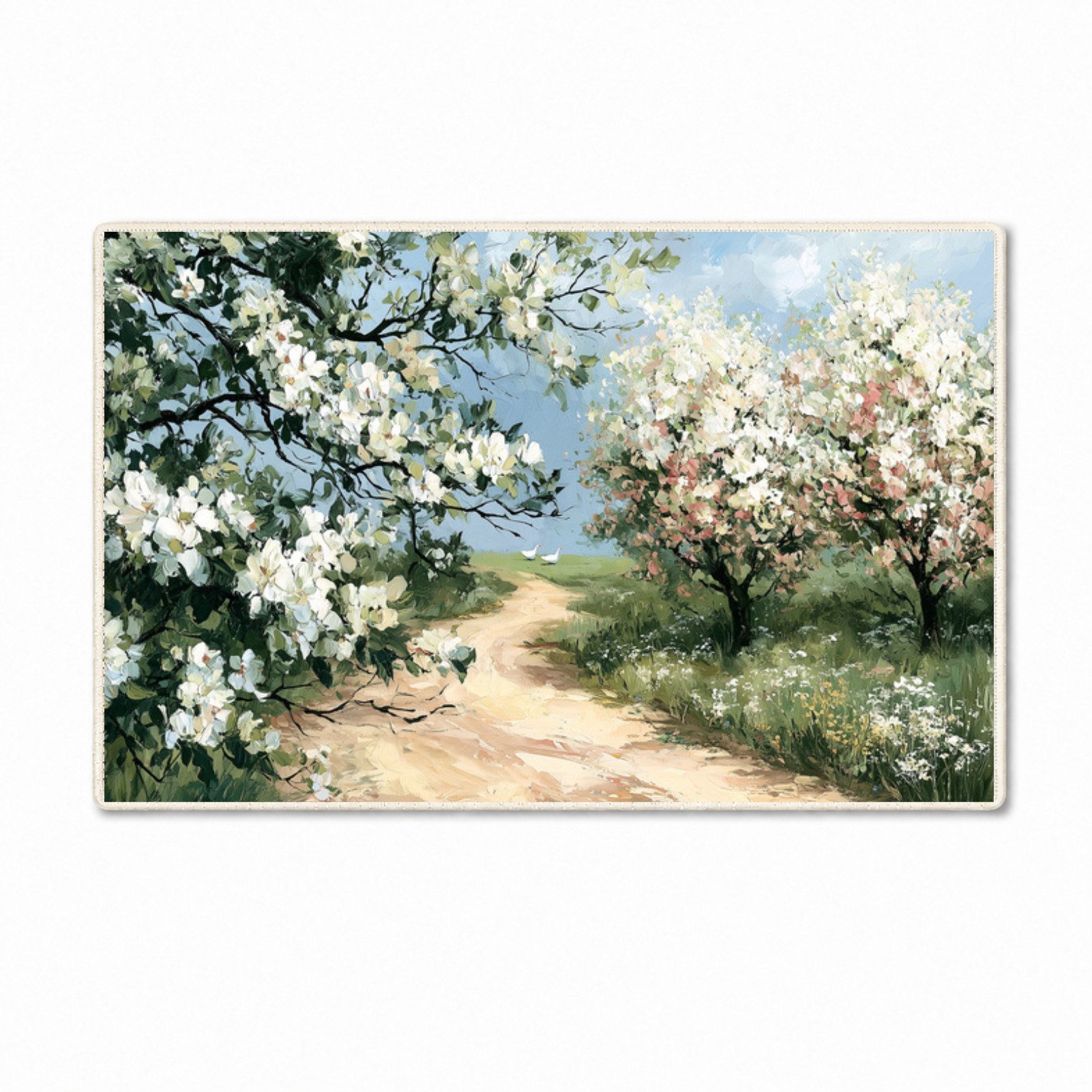 Jumpeak Teppich Frühlingslandschaft Teppich blühender Weg mit Bäumen, Rechteckig, Höhe: 5 mm, impressionistischer rutschfester Wohn‑Dekoteppich